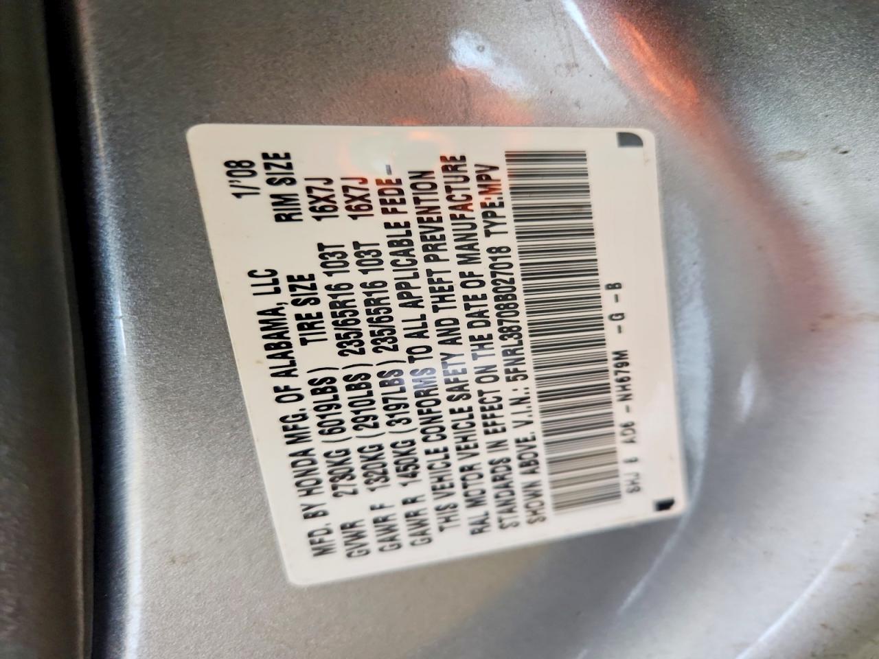2008 Honda Odyssey Exl Blue vin: 5FNRL38708B027018