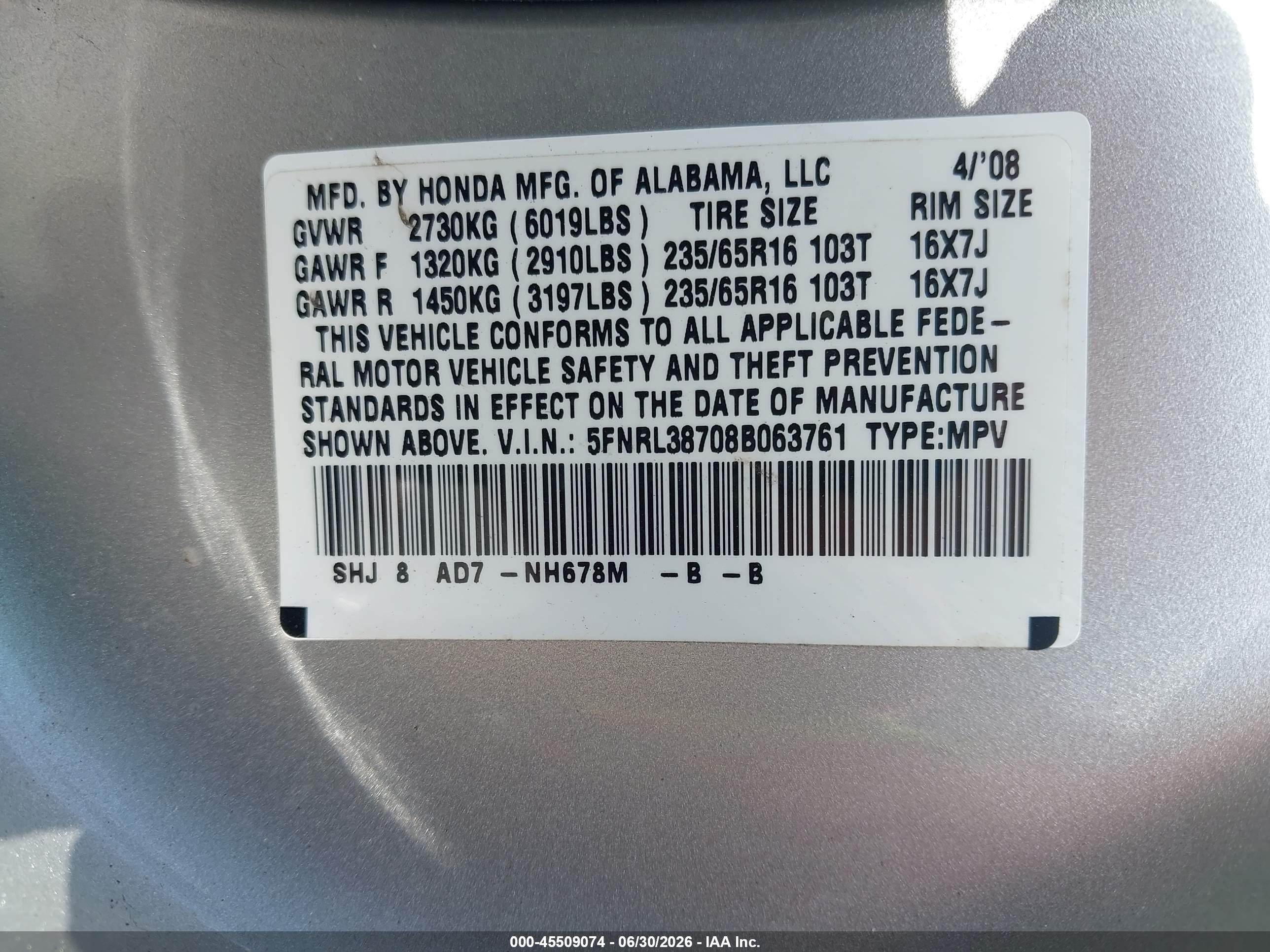 2008 Honda Odyssey Ex-l Silver vin: 5FNRL38708B063761