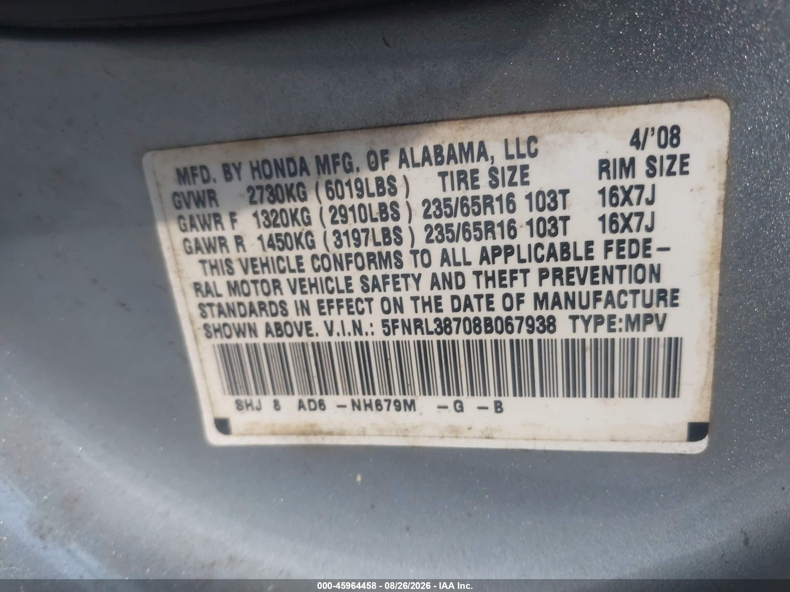 2008 Honda Odyssey Ex-l Gray vin: 5FNRL38708B067938