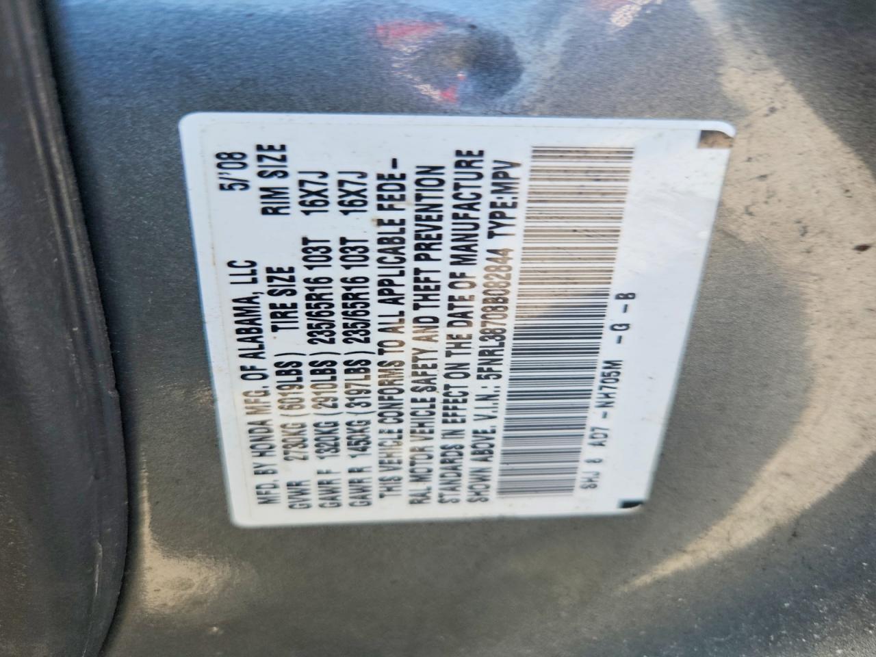 2008 Honda Odyssey Exl Gray vin: 5FNRL38708B082844