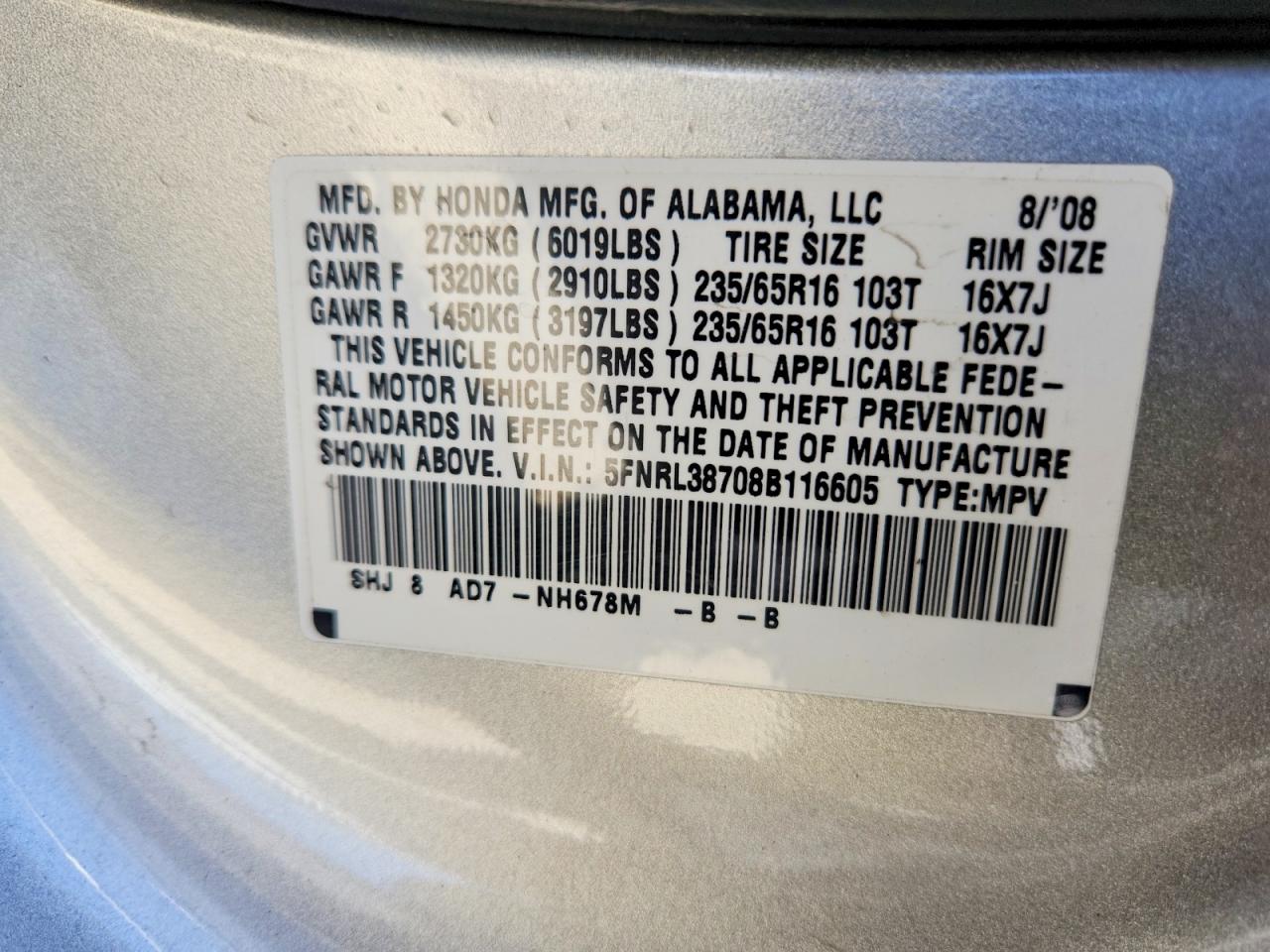 2008 Honda Odyssey Exl Silver vin: 5FNRL38708B116605