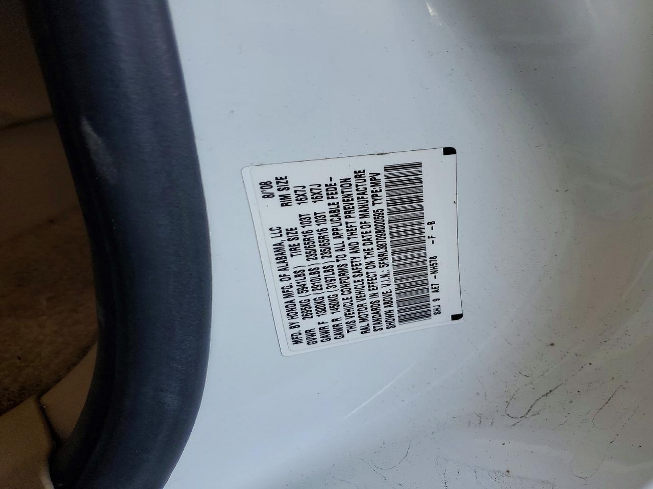 2009 Honda Odyssey Exl White vin: 5FNRL38709B000595
