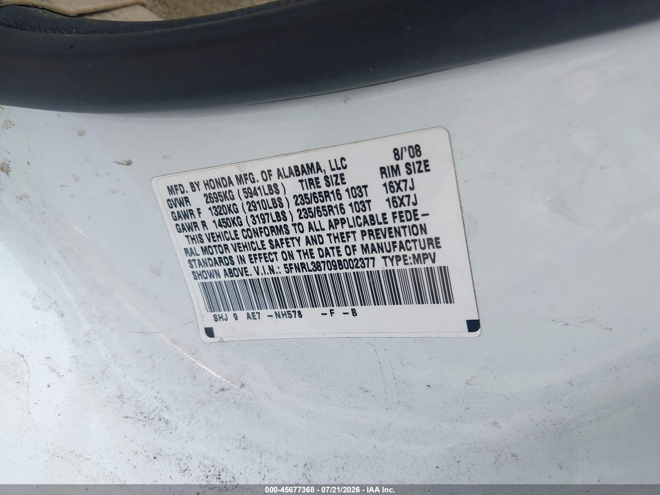 2009 Honda Odyssey Ex-l Белый vin: 5FNRL38709B002377