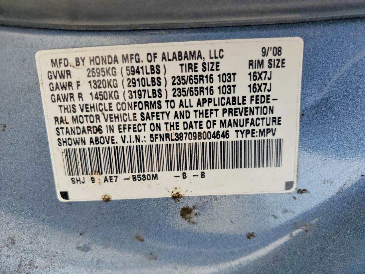 2009 Honda Odyssey Exl Blue vin: 5FNRL38709B004646