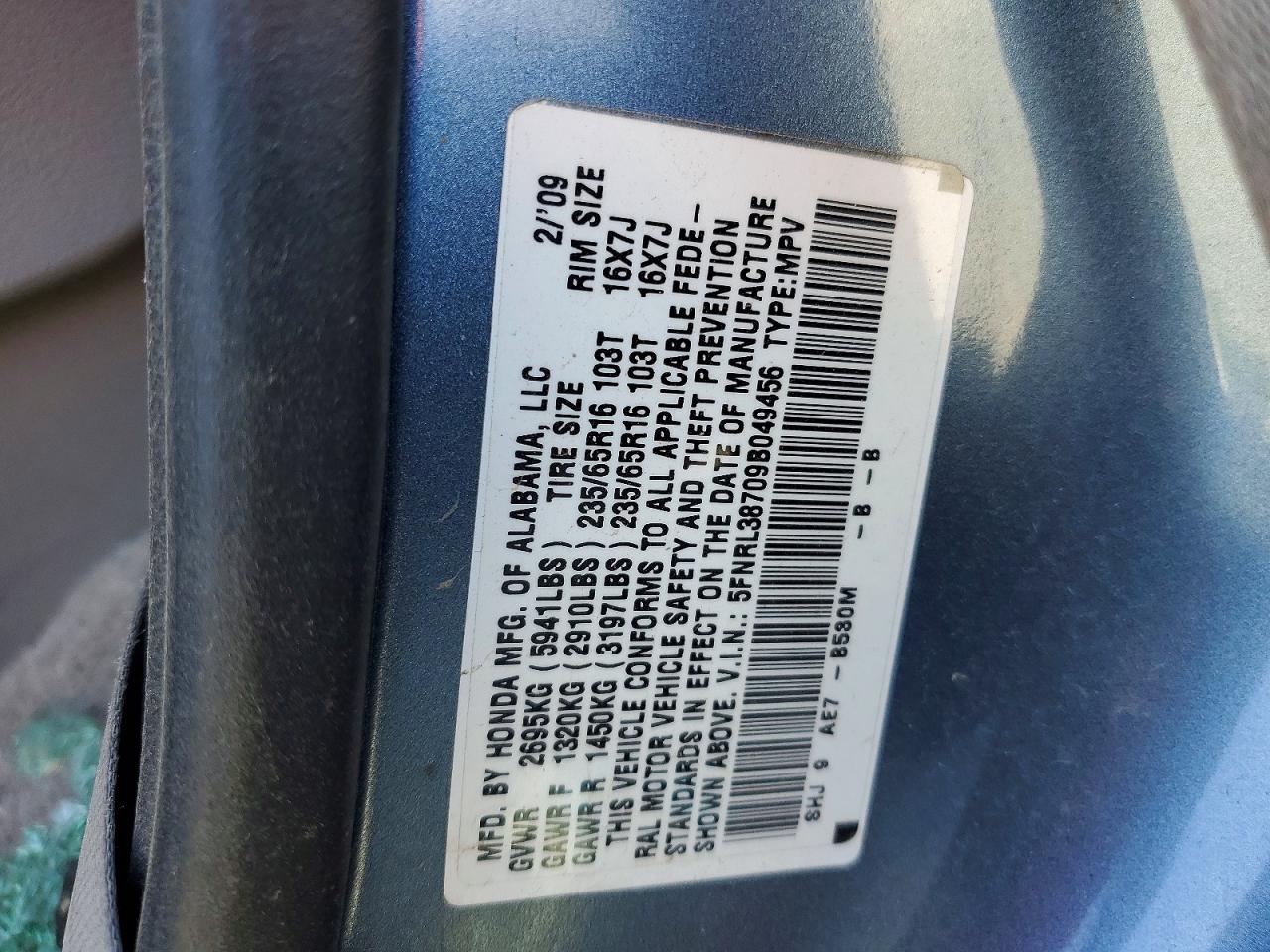 2009 Honda Odyssey Exl Gray vin: 5FNRL38709B049456