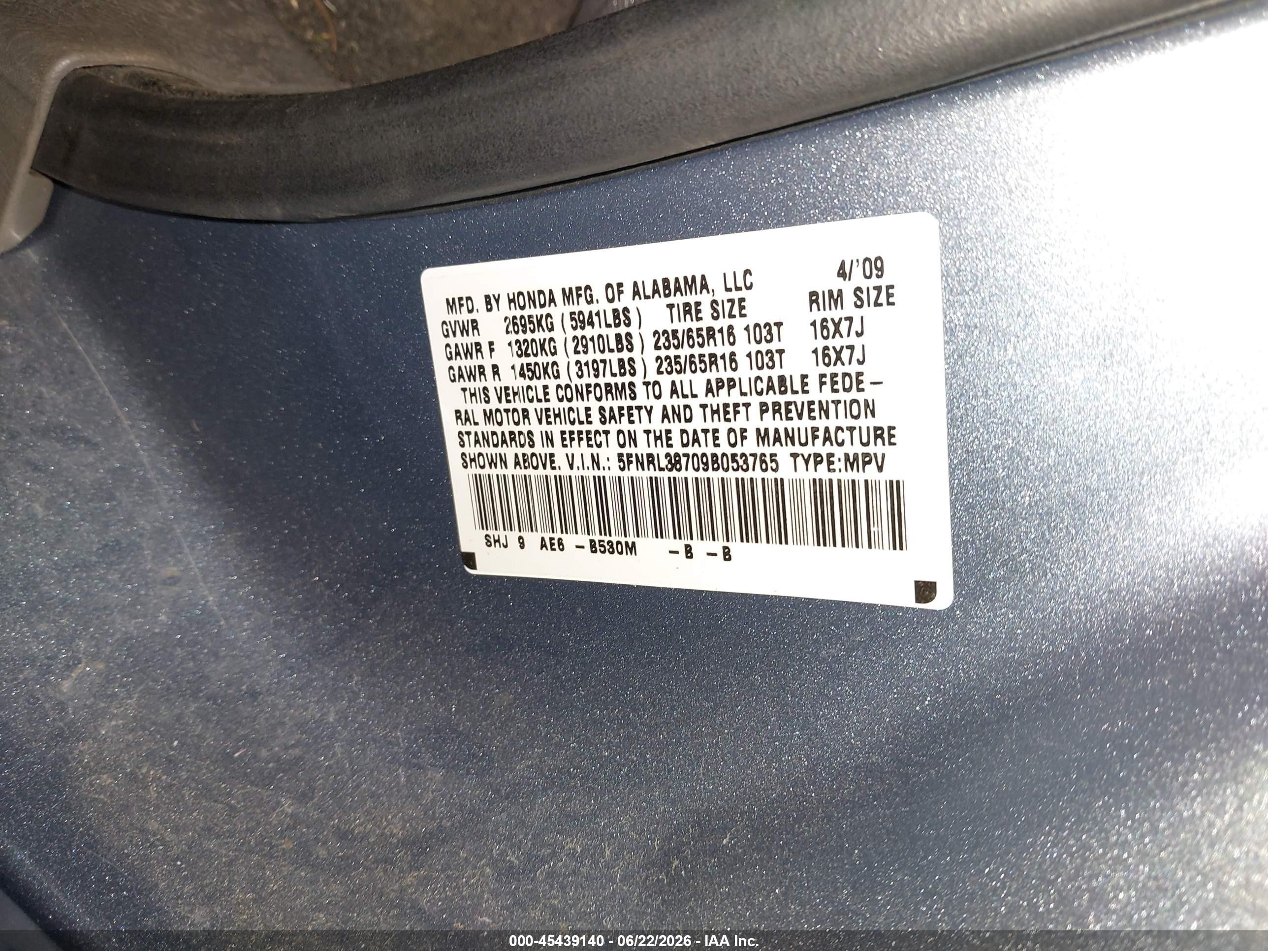 2009 Honda Odyssey Ex-l Blue vin: 5FNRL38709B053765