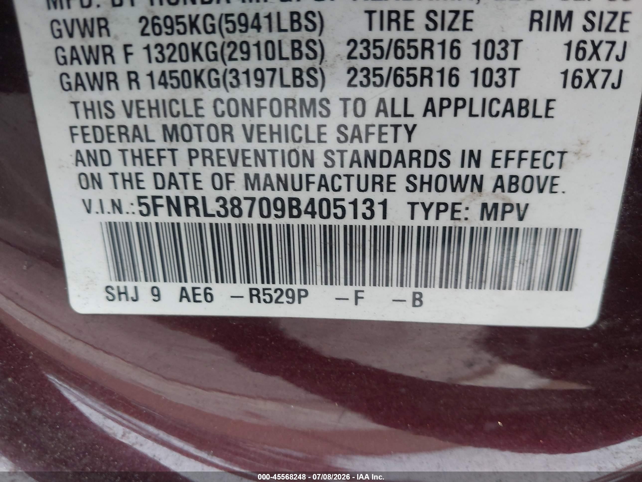 2009 Honda Odyssey Ex-l Maroon vin: 5FNRL38709B405131