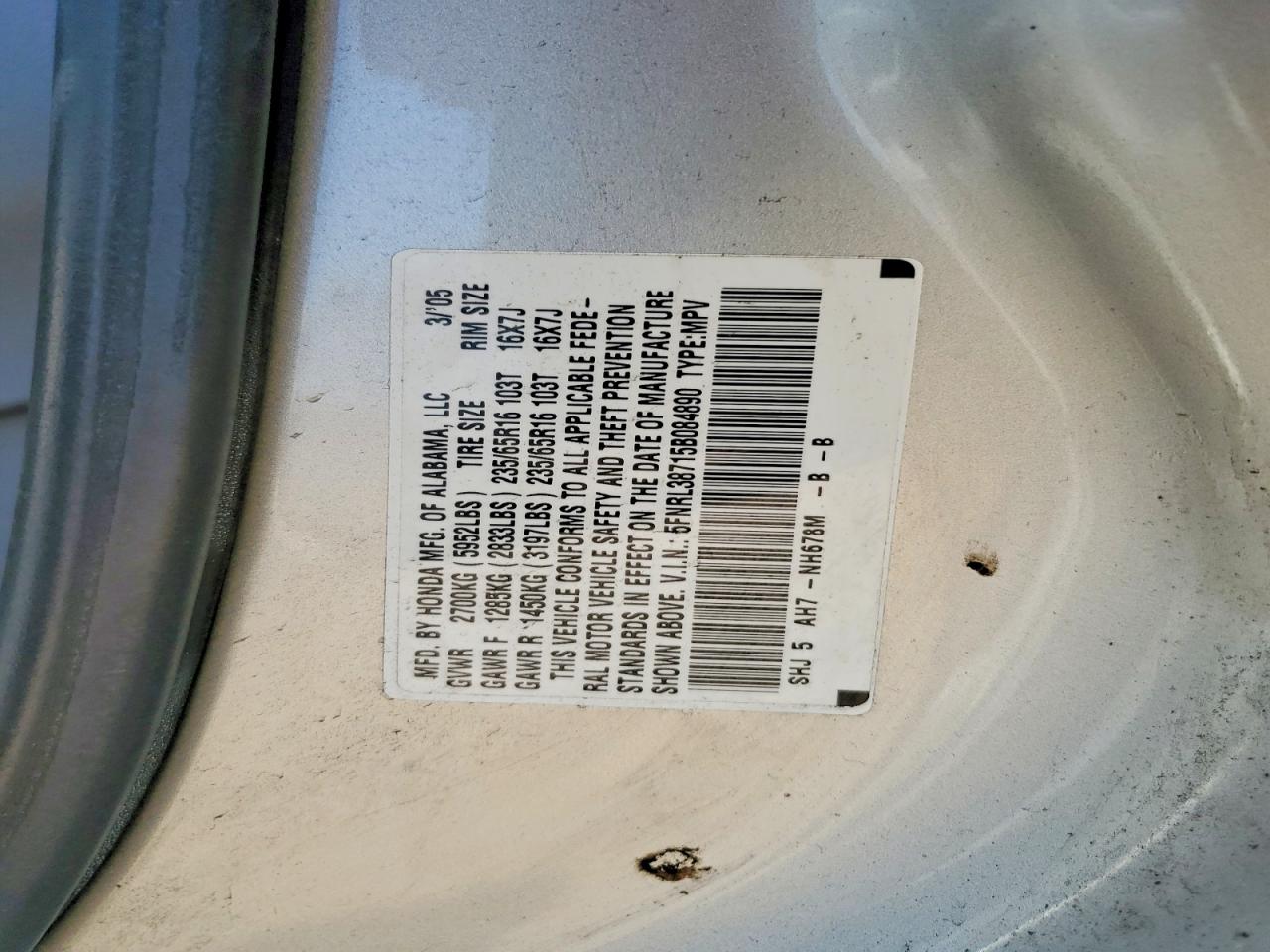 2005 Honda Odyssey Exl Silver vin: 5FNRL38715B084890