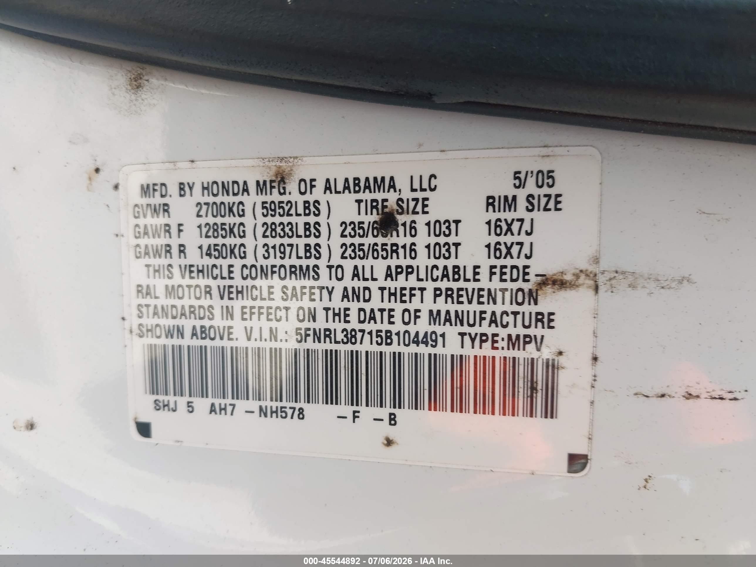 2005 Honda Odyssey Ex-l White vin: 5FNRL38715B104491