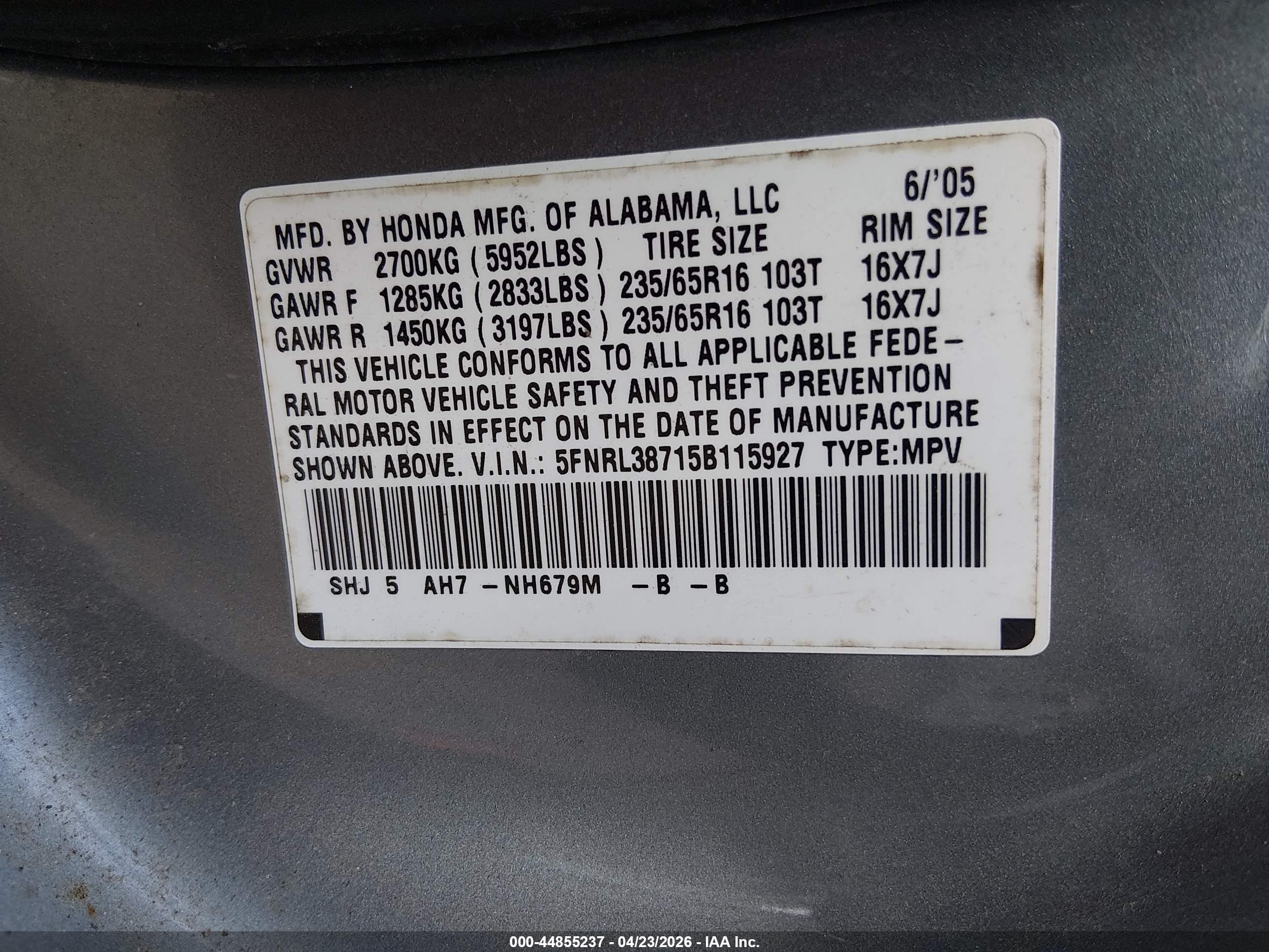 2005 Honda Odyssey Ex-l Silver vin: 5FNRL38715B115927