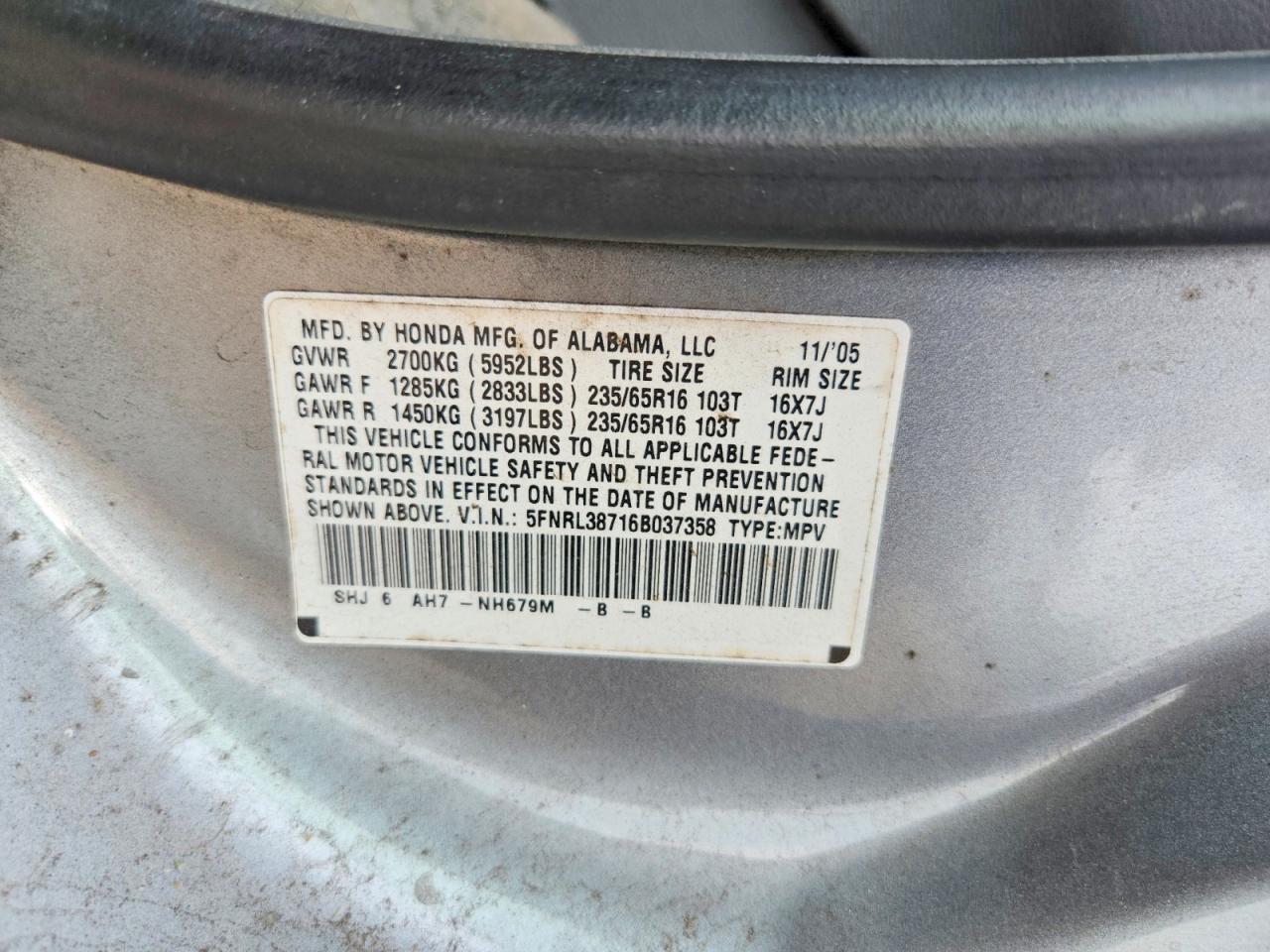 2006 Honda Odyssey Exl Silver vin: 5FNRL38716B037358
