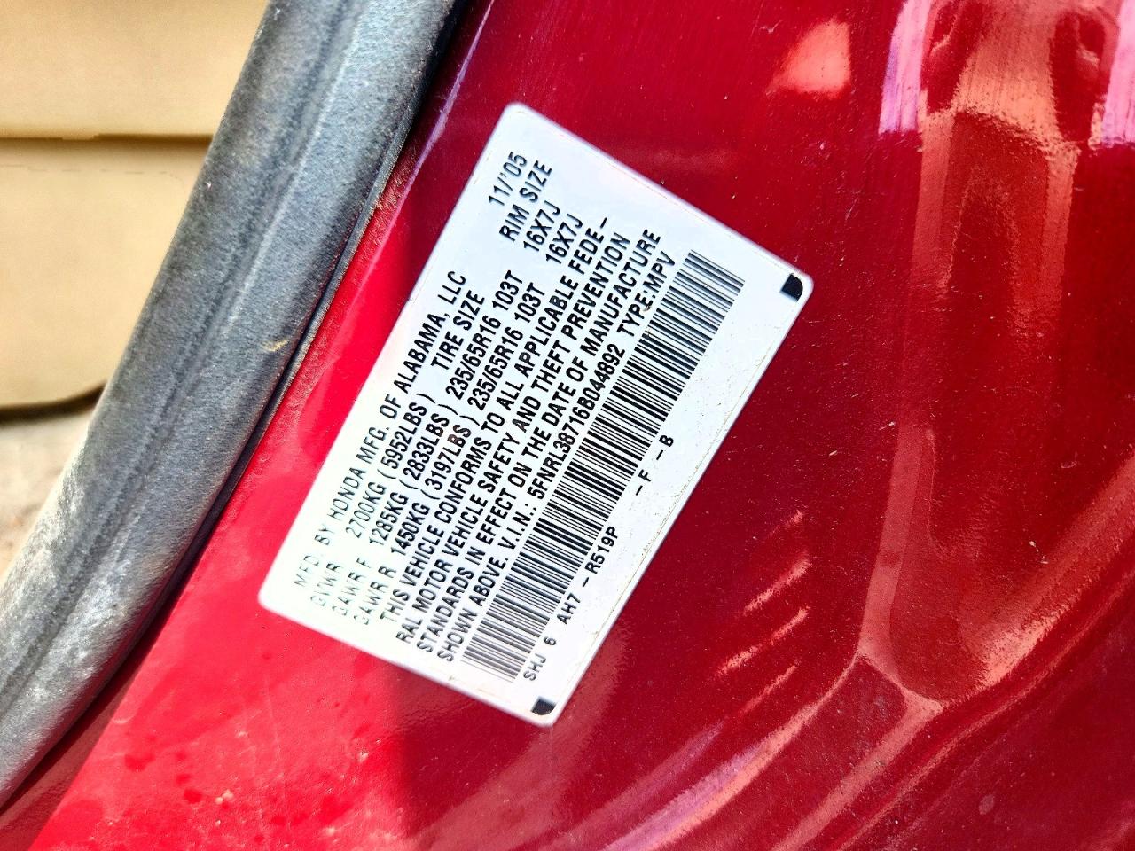 2006 Honda Odyssey Exl Red vin: 5FNRL38716B044892