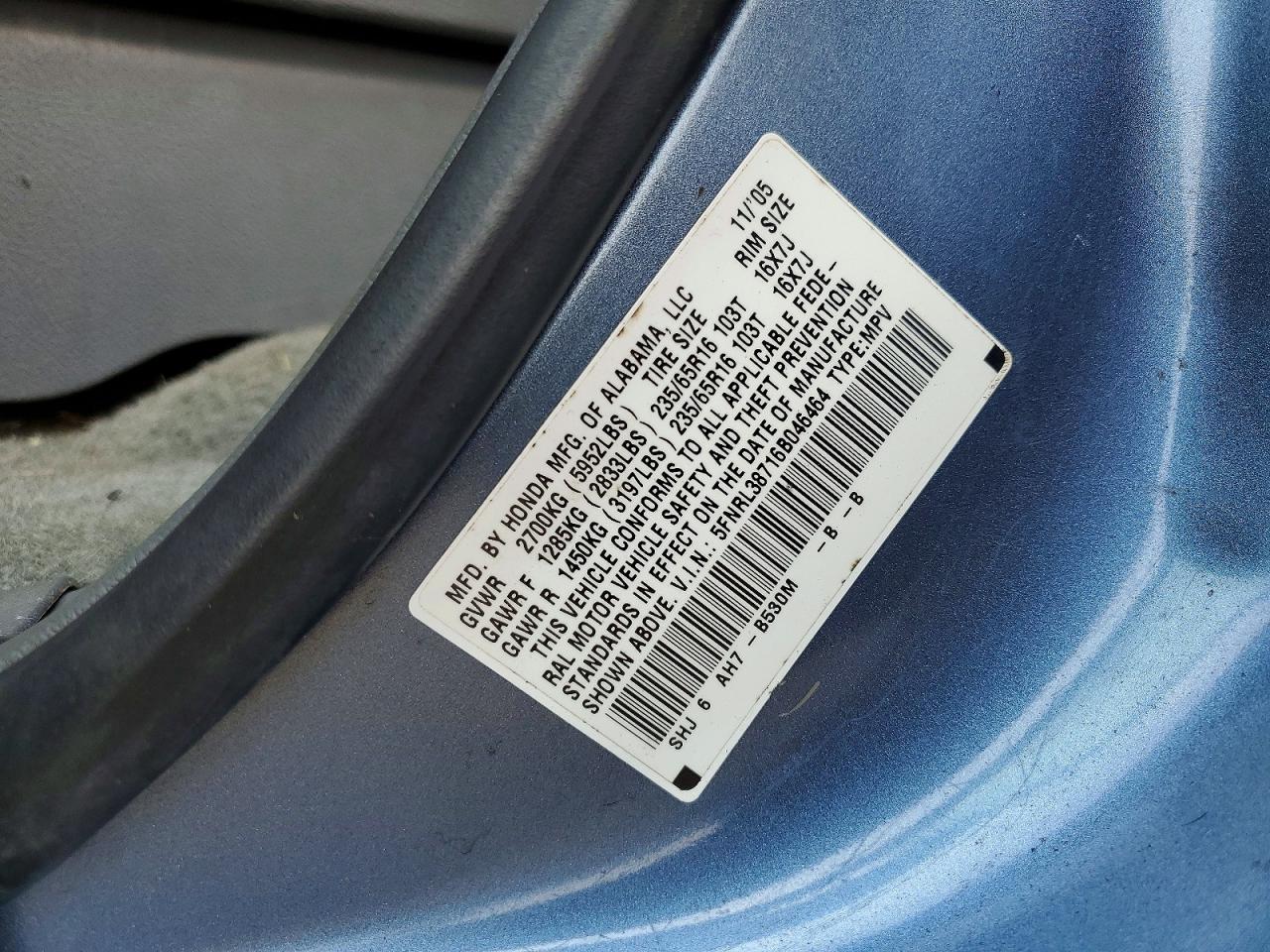 2006 Honda Odyssey Exl Blue vin: 5FNRL38716B046464