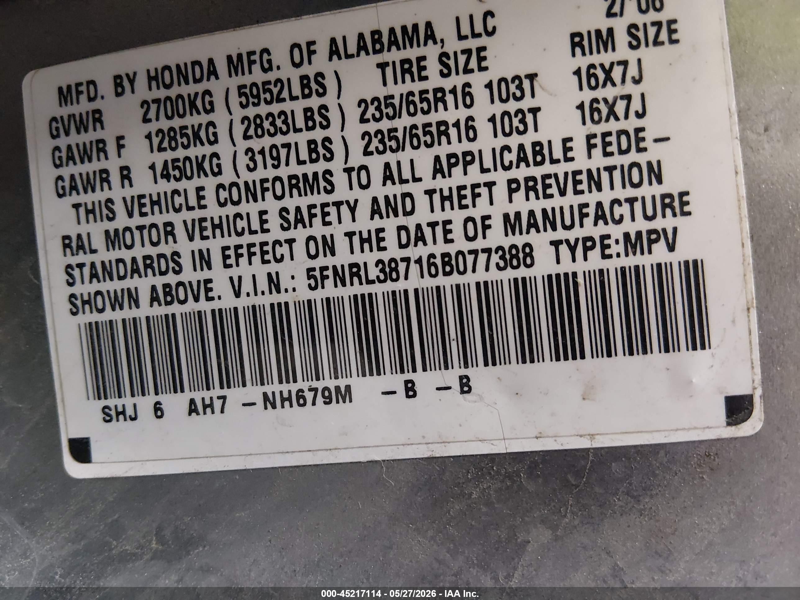 2006 Honda Odyssey Ex-l Light Blue vin: 5FNRL38716B077388
