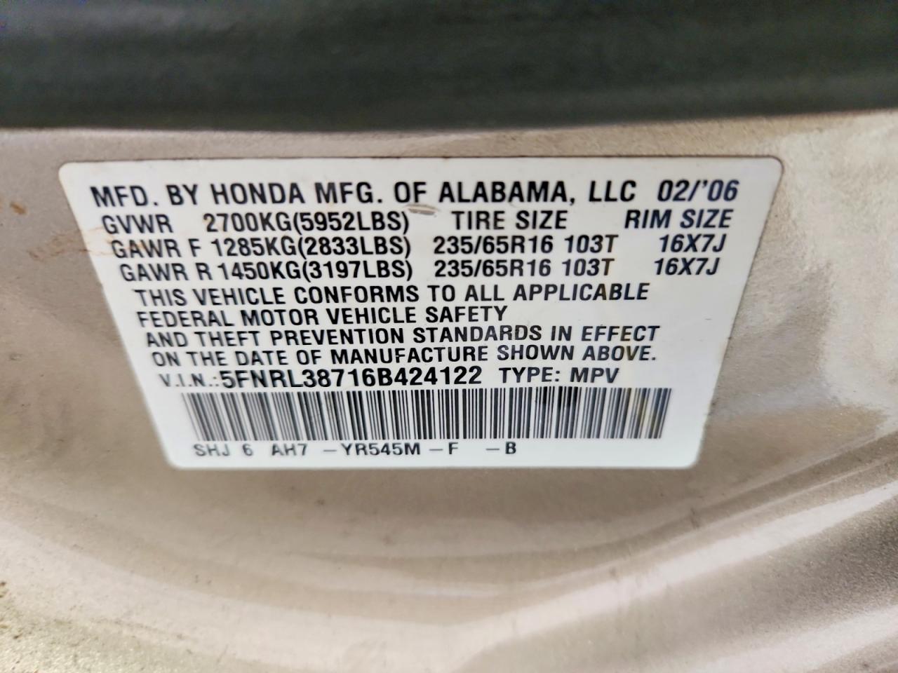 2006 Honda Odyssey Exl Gold vin: 5FNRL38716B424122