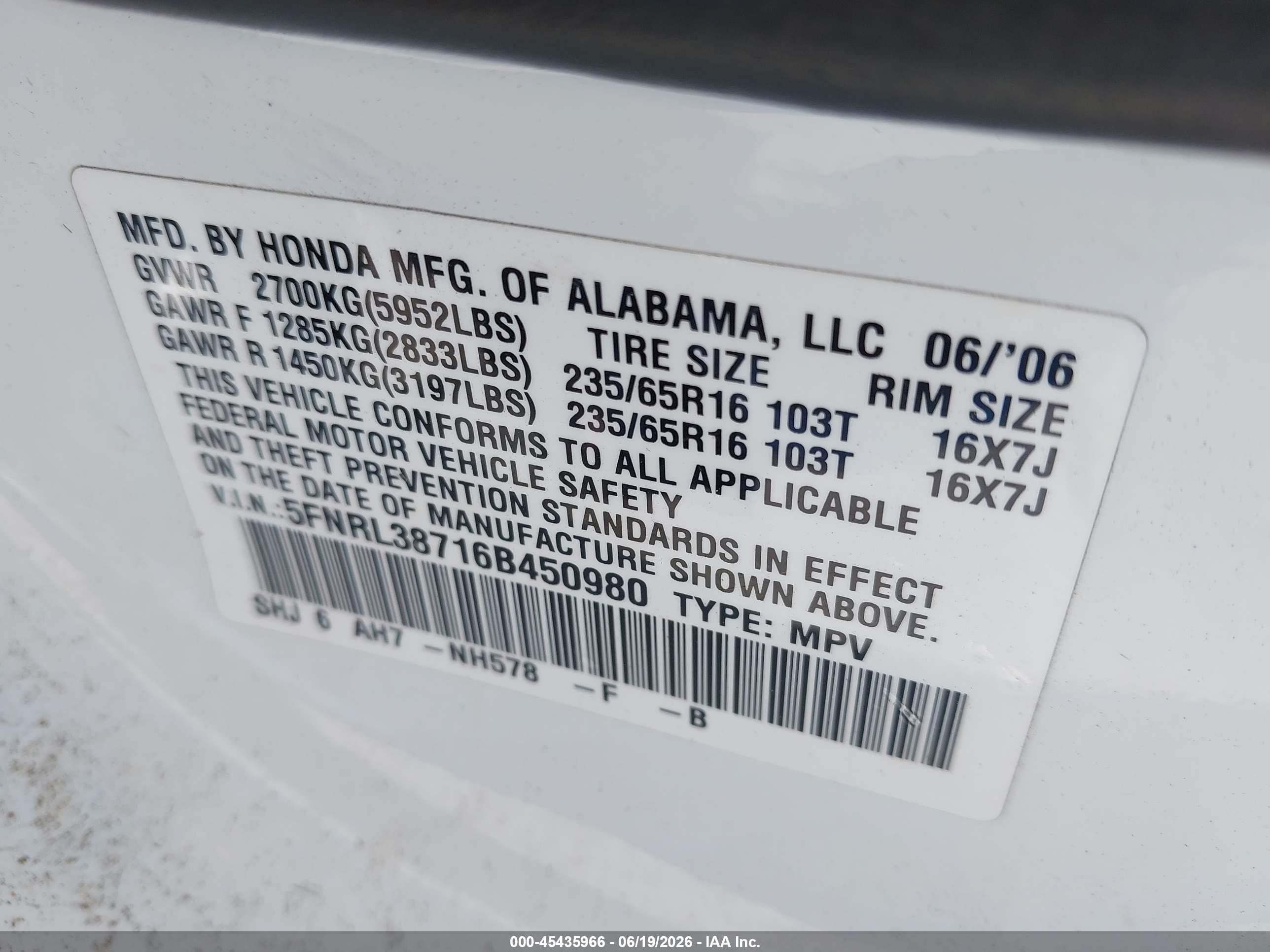 2006 Honda Odyssey Ex-l White vin: 5FNRL38716B450980