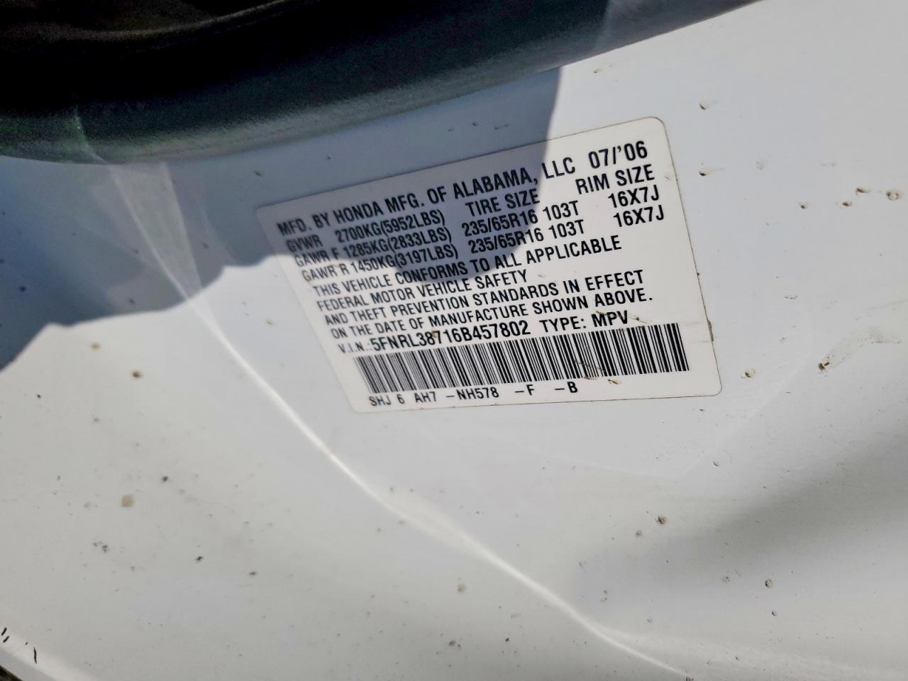 2006 Honda Odyssey Exl White vin: 5FNRL38716B457802
