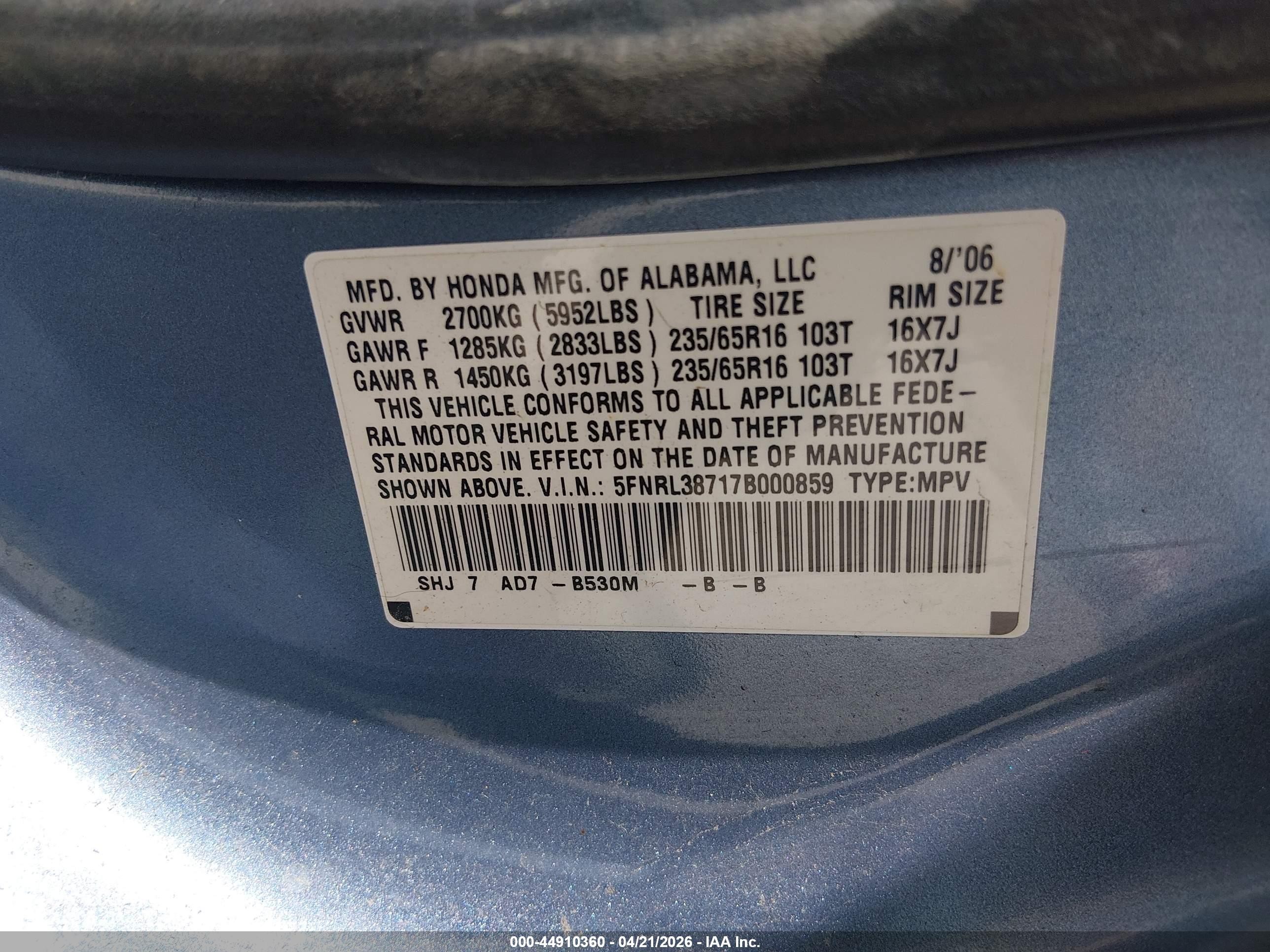 2007 Honda Odyssey Ex-l Blue vin: 5FNRL38717B000859