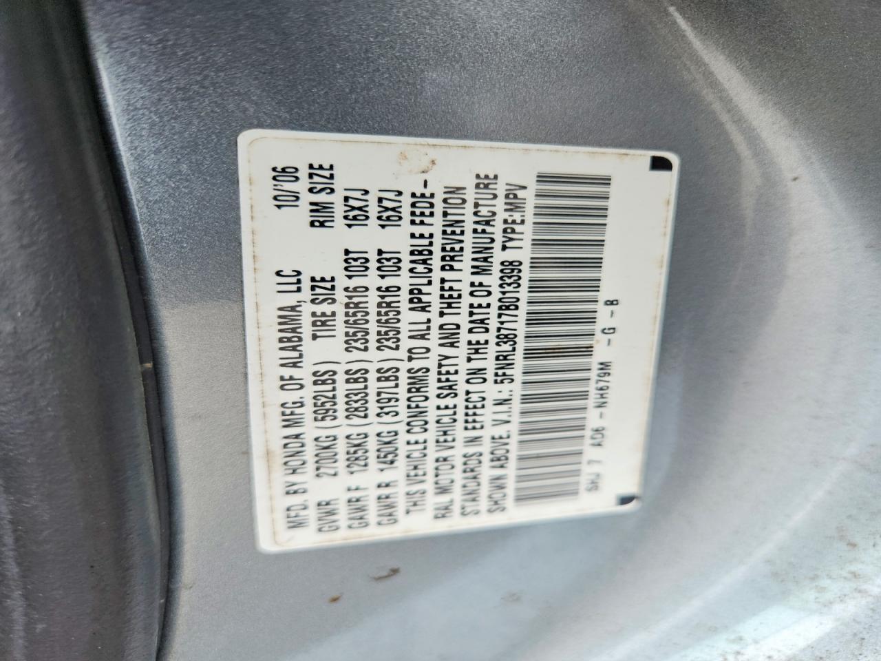 2007 Honda Odyssey Exl Turquoise vin: 5FNRL38717B013398