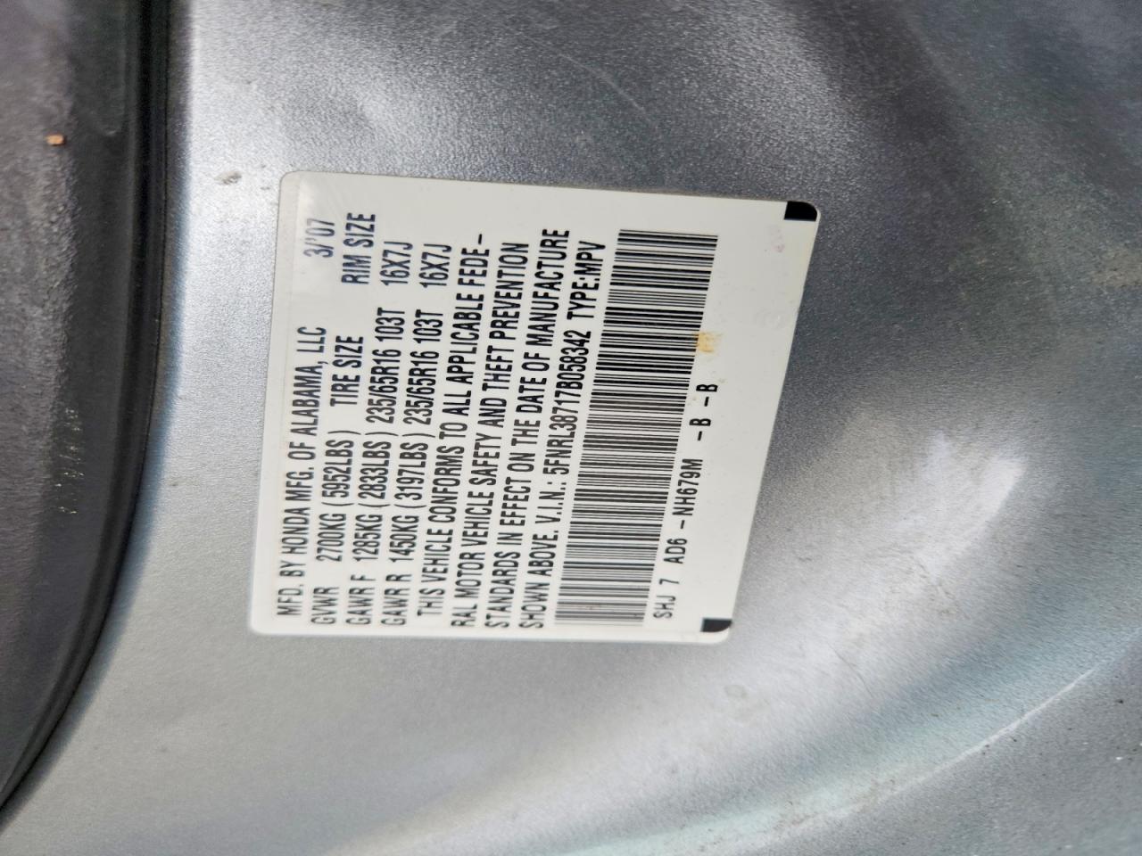 2007 Honda Odyssey Exl Silver vin: 5FNRL38717B058342