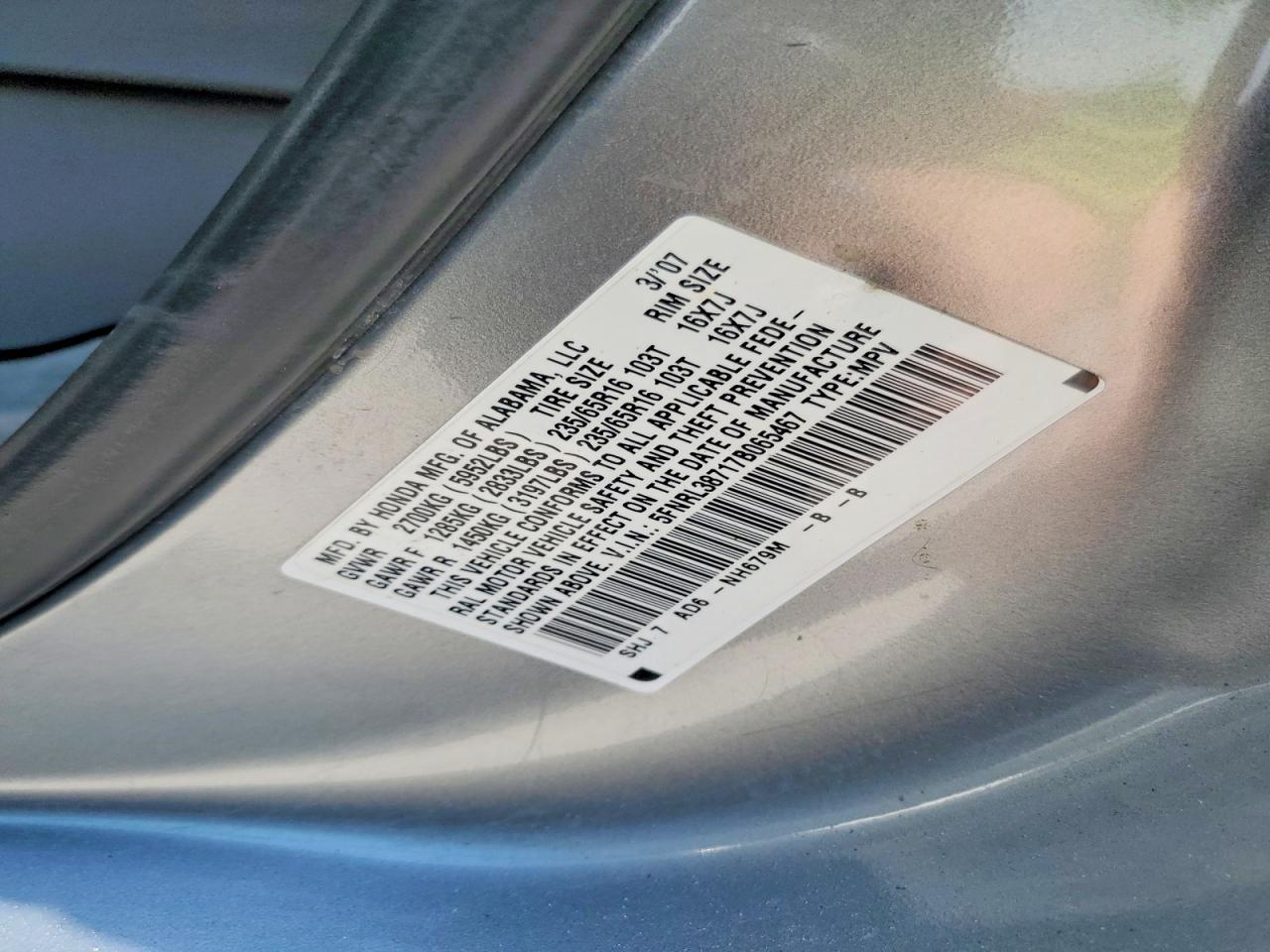 2007 Honda Odyssey Exl Silver vin: 5FNRL38717B065467