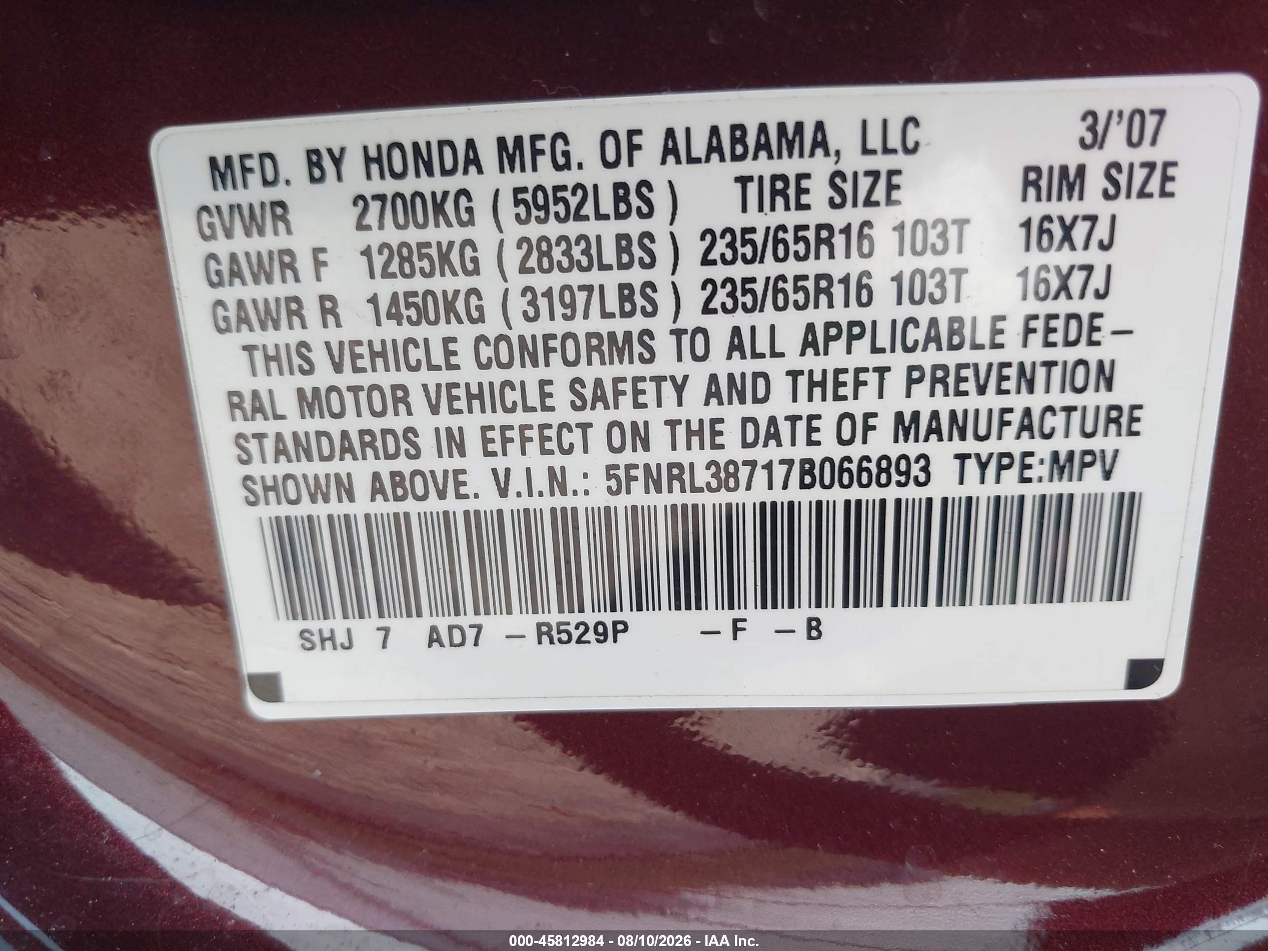 2007 Honda Odyssey Ex-l Burgundy vin: 5FNRL38717B066893