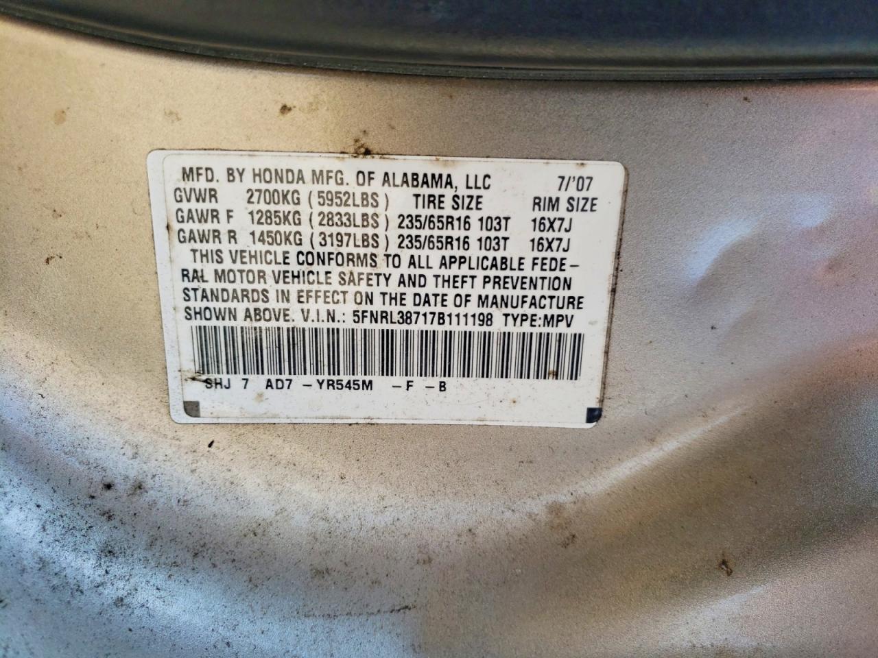 2007 Honda Odyssey Exl Gold vin: 5FNRL38717B111198