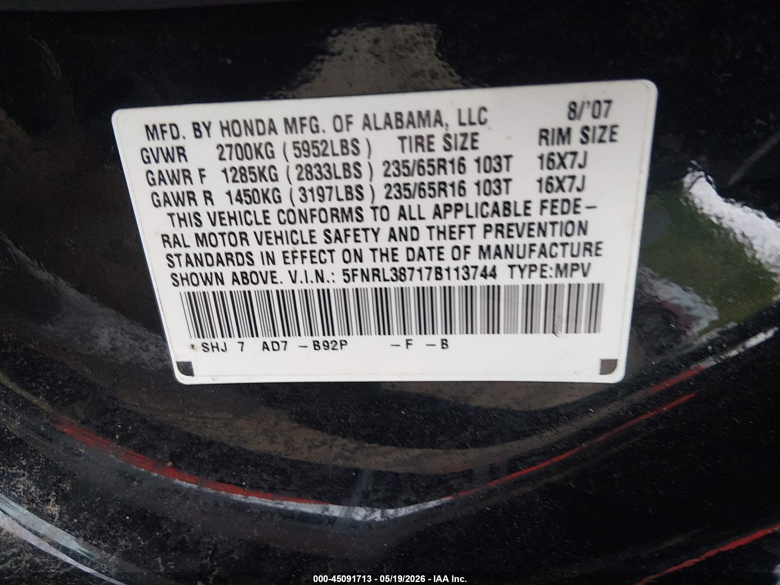 2007 Honda Odyssey Ex-l Black vin: 5FNRL38717B113744