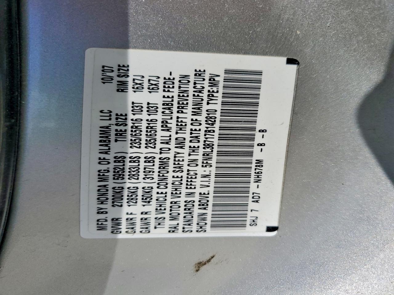 2007 Honda Odyssey Exl Silver vin: 5FNRL38717B142810