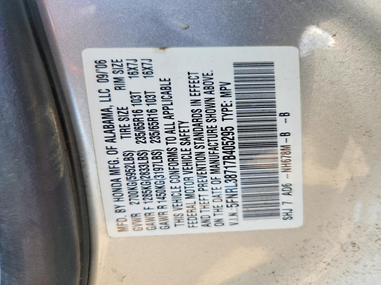 2007 Honda Odyssey Exl Silver vin: 5FNRL38717B405295