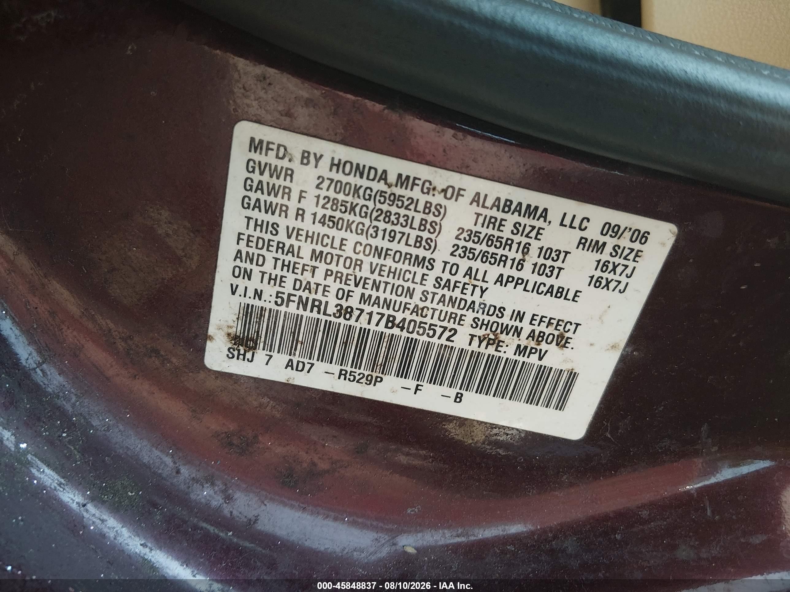 2007 Honda Odyssey Ex-l Burgundy vin: 5FNRL38717B405572