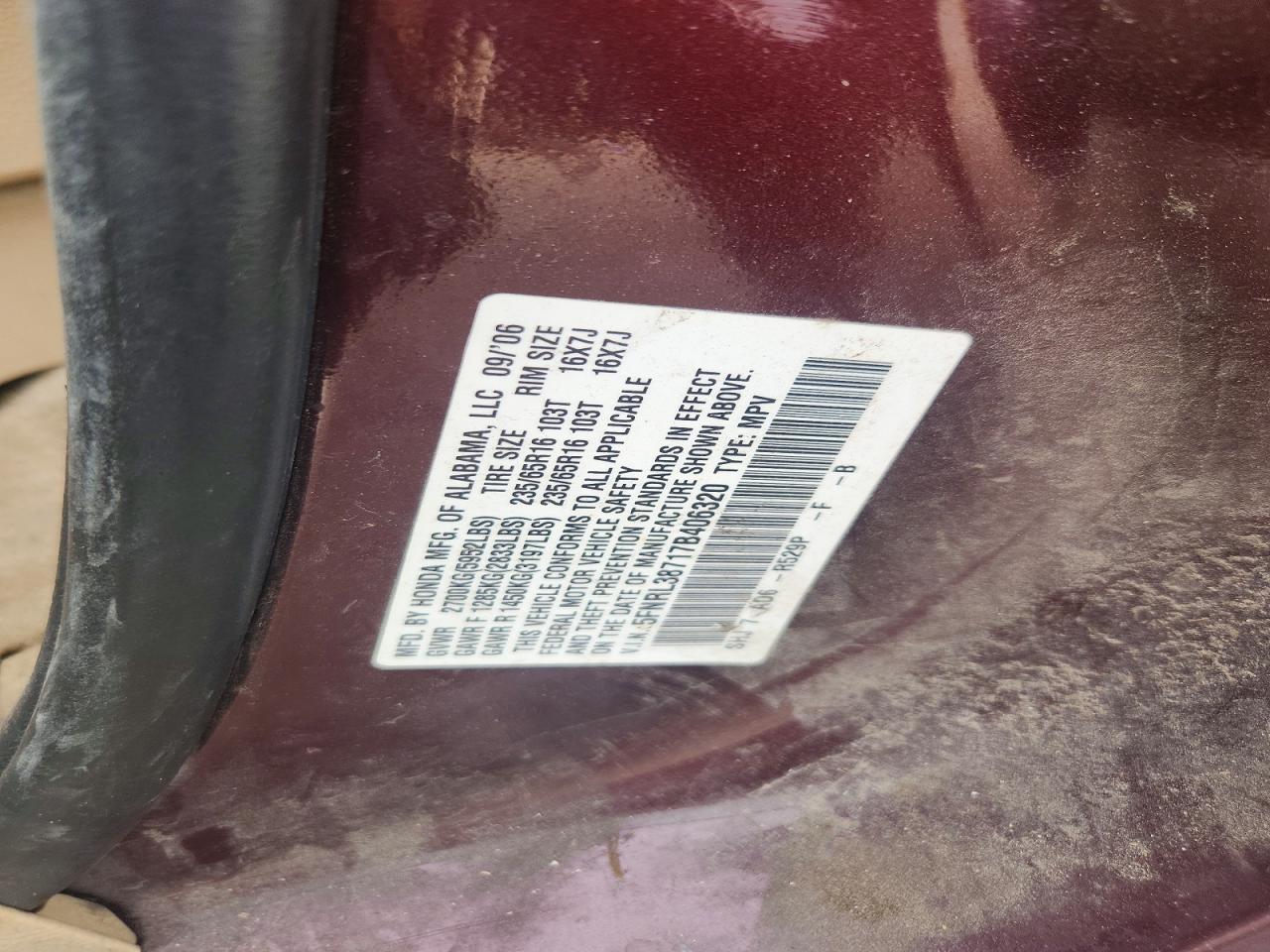 2007 Honda Odyssey Exl Burgundy vin: 5FNRL38717B406320