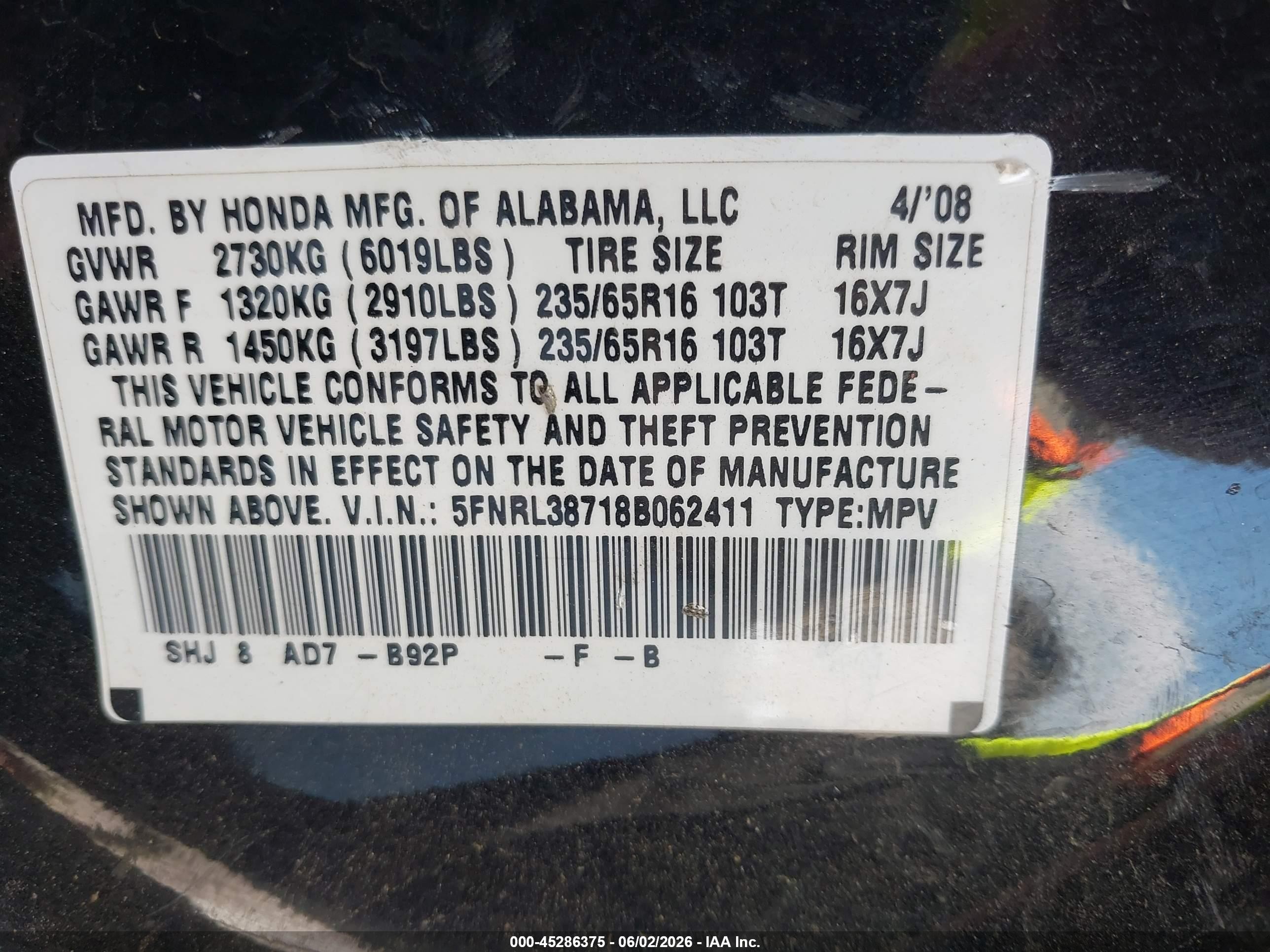 2008 Honda Odyssey Ex-l Black vin: 5FNRL38718B062411