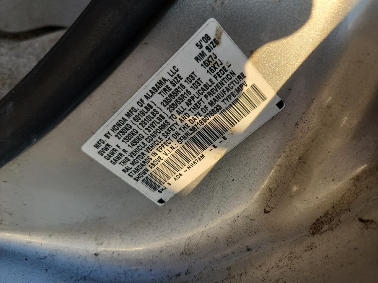 2008 Honda Odyssey Exl Серебряный vin: 5FNRL38718B076633