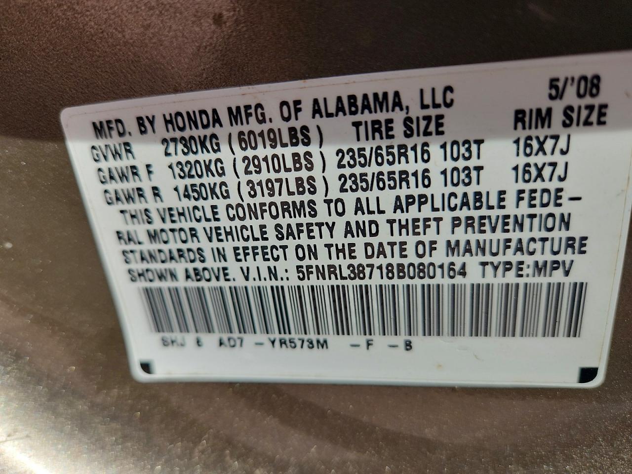 2008 Honda Odyssey Exl Gold vin: 5FNRL38718B080164
