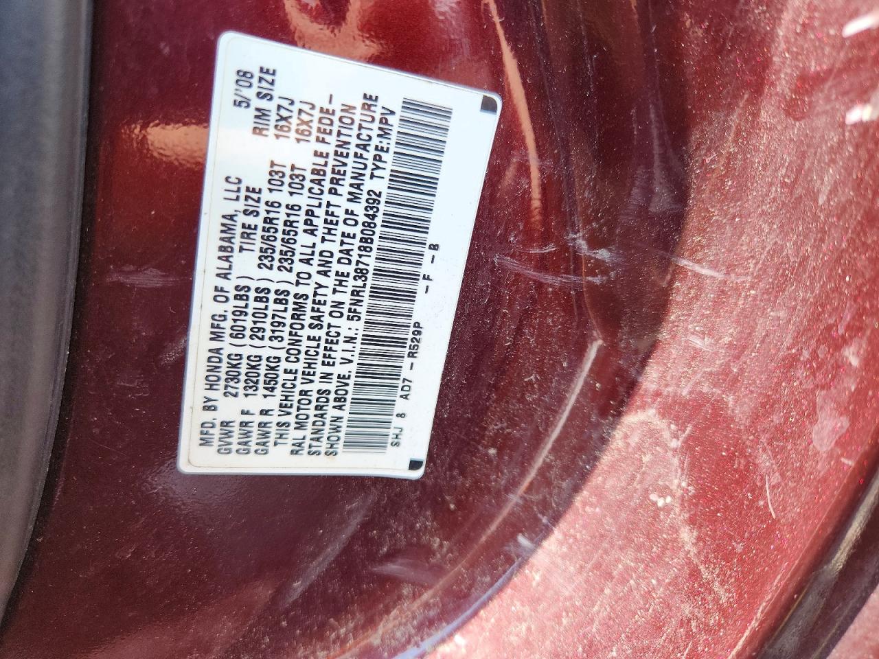2008 Honda Odyssey Exl Red vin: 5FNRL38718B084392