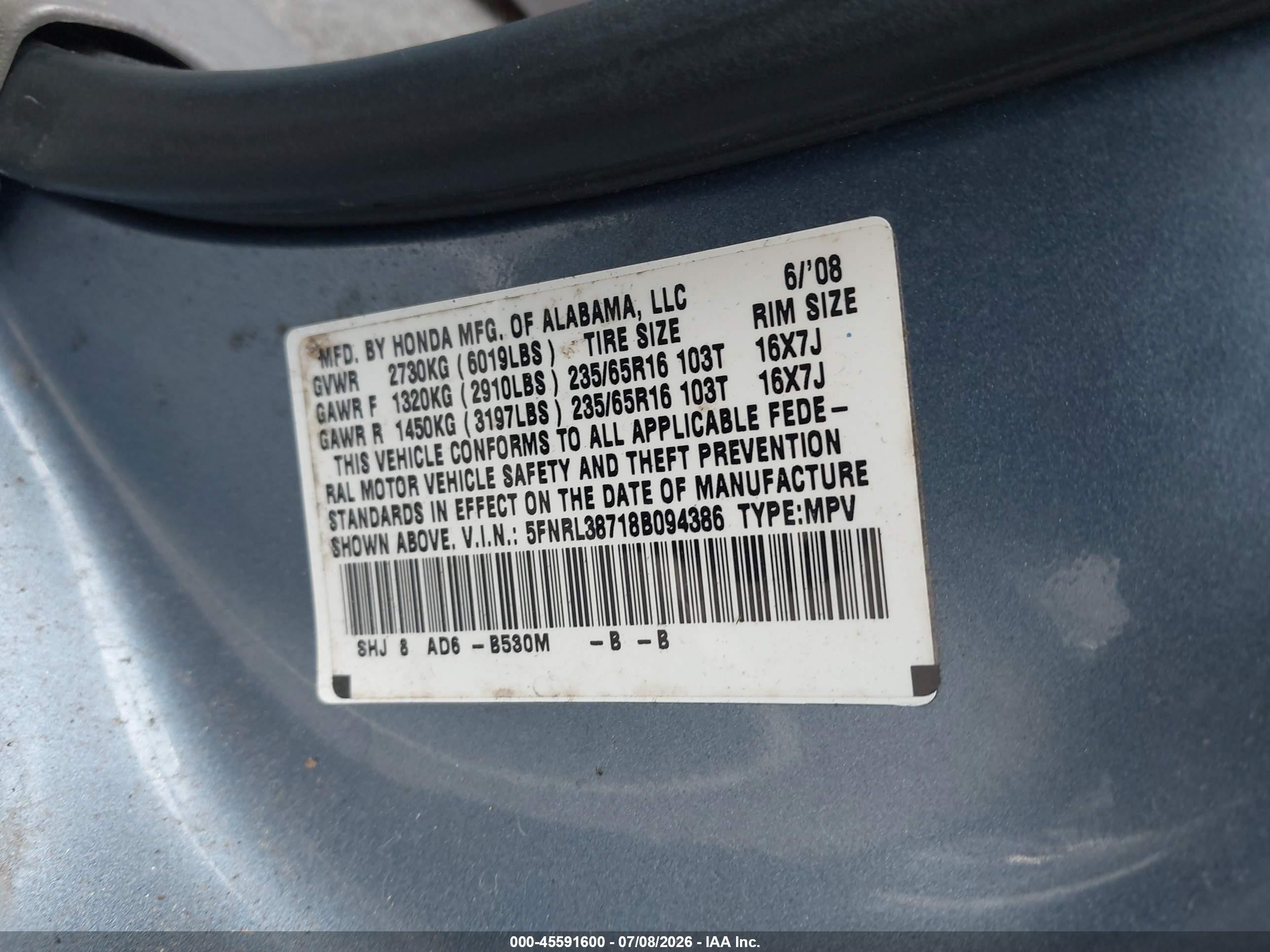 2008 Honda Odyssey Ex-l Blue vin: 5FNRL38718B094386
