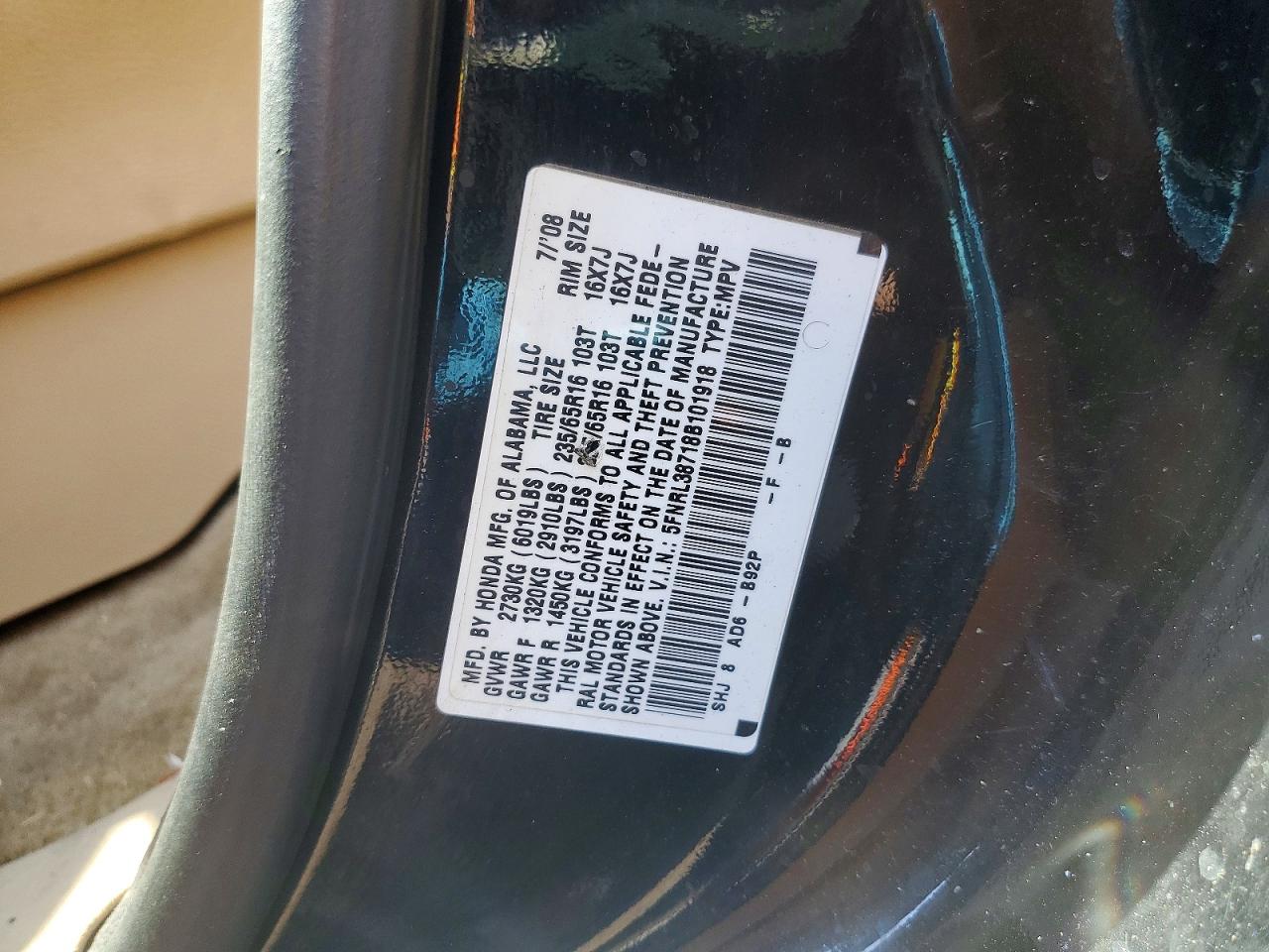 2008 Honda Odyssey Exl Black vin: 5FNRL38718B101918