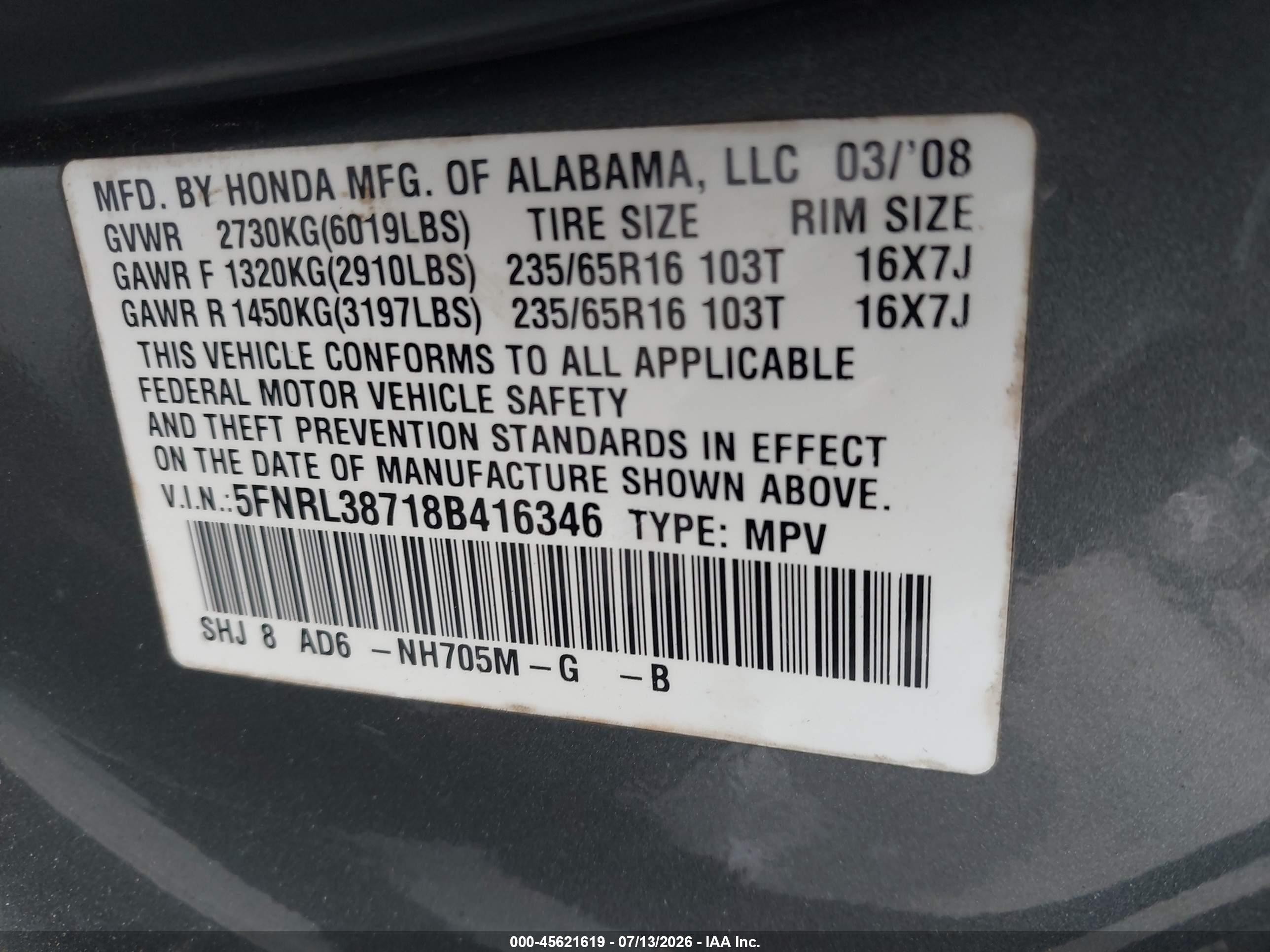 2008 Honda Odyssey Ex-l Gray vin: 5FNRL38718B416346