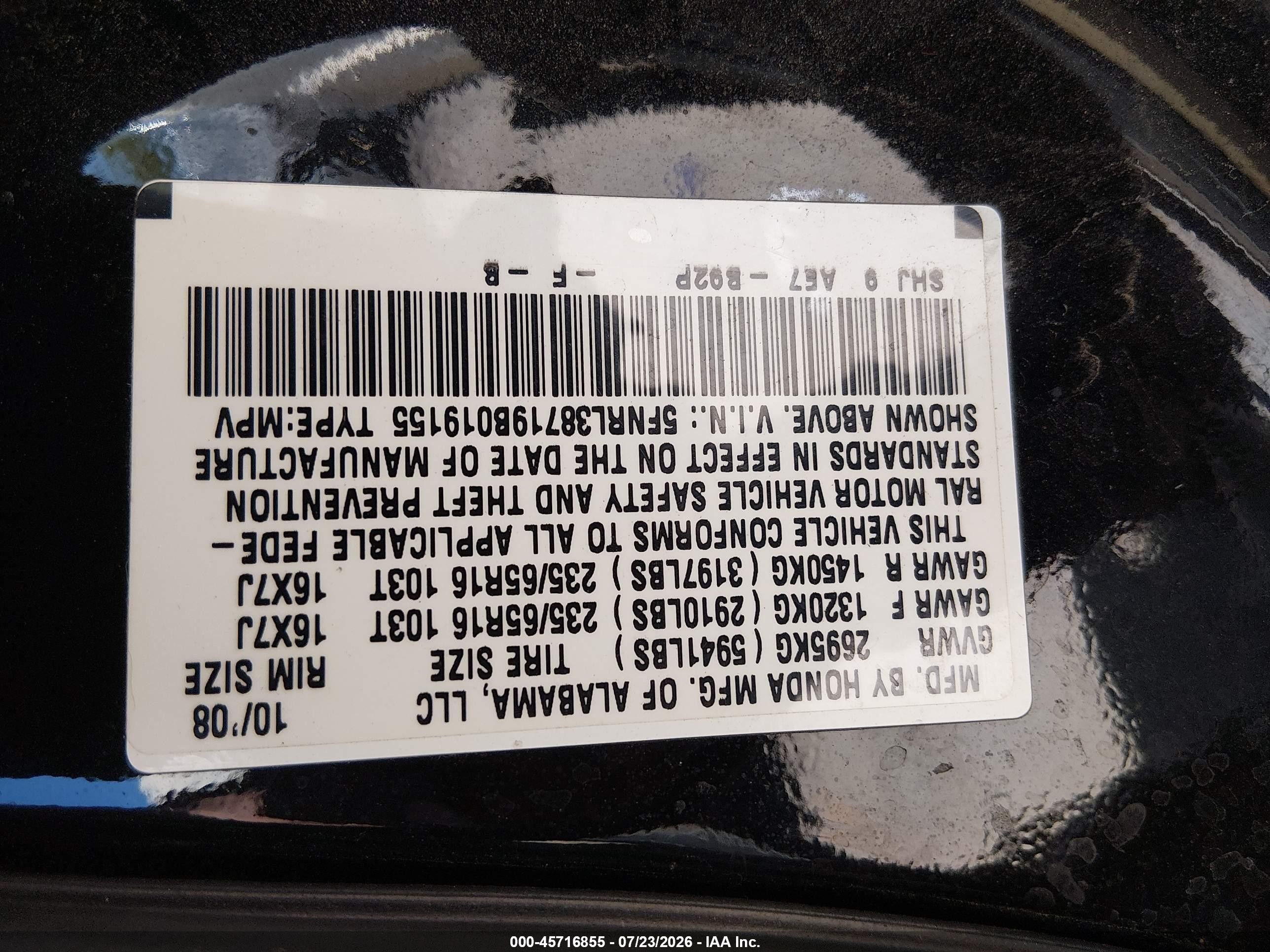 2009 Honda Odyssey Ex-l Black vin: 5FNRL38719B019155