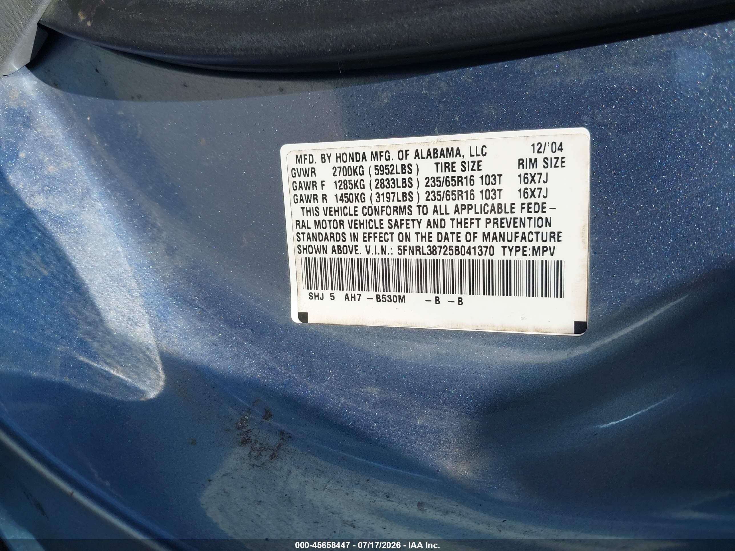2005 Honda Odyssey Ex-l Light Blue vin: 5FNRL38725B041370