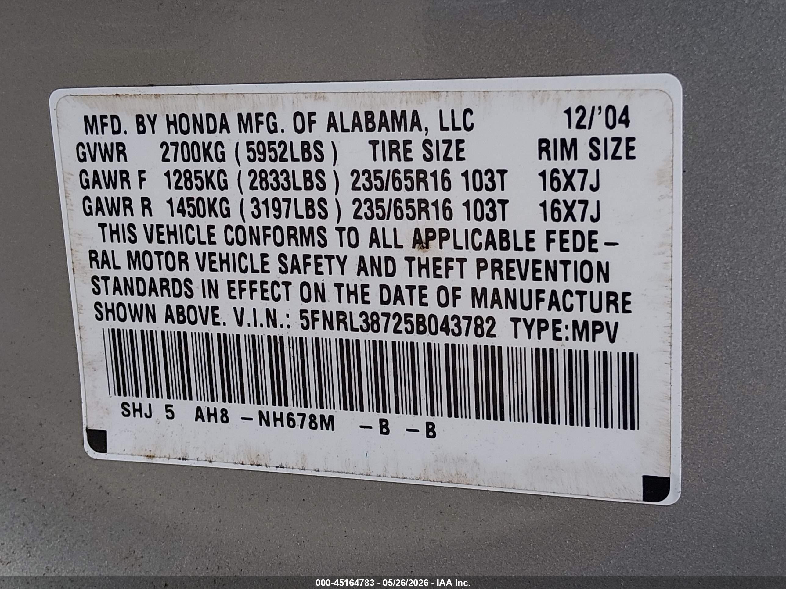 2005 Honda Odyssey Ex-l Silver vin: 5FNRL38725B043782