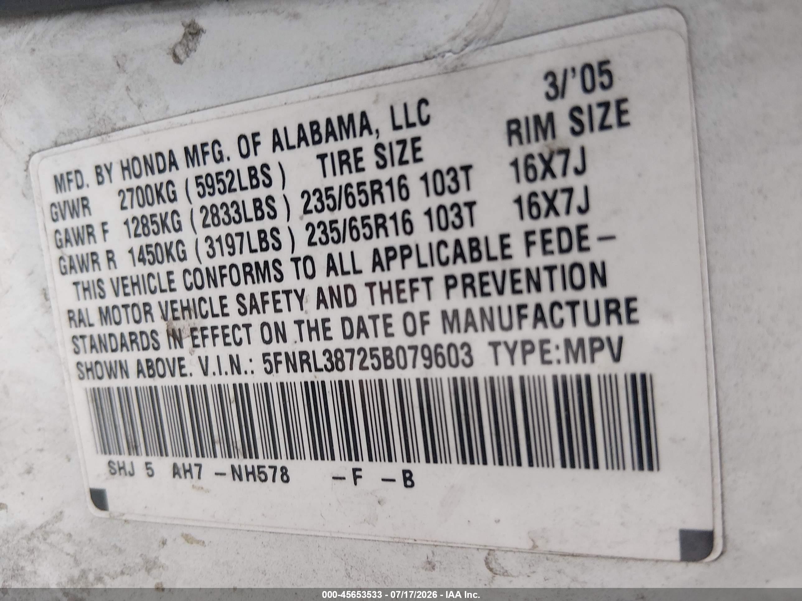 2005 Honda Odyssey Exl White vin: 5FNRL38725B079603