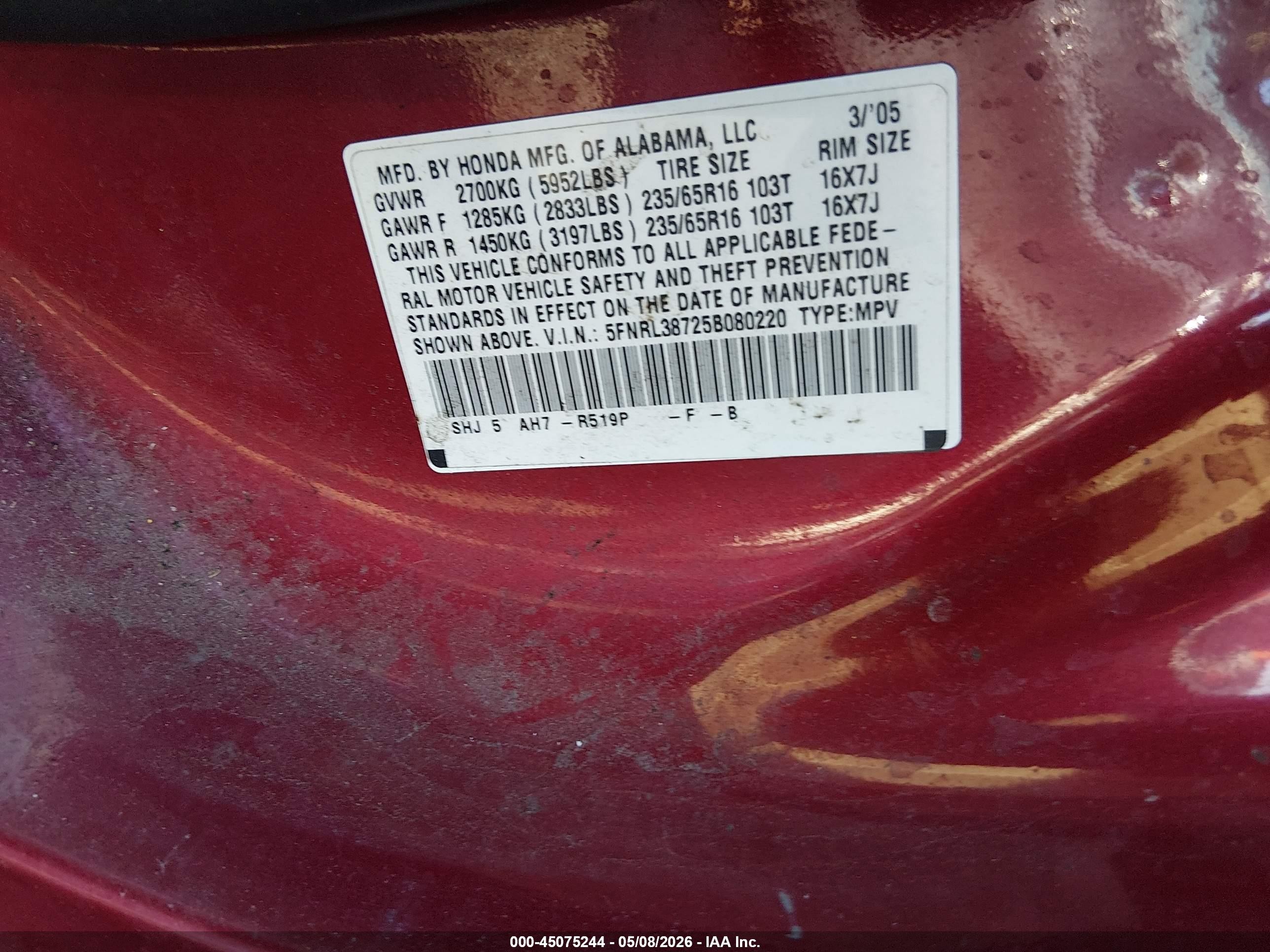 2005 Honda Odyssey Ex-l Red vin: 5FNRL38725B080220