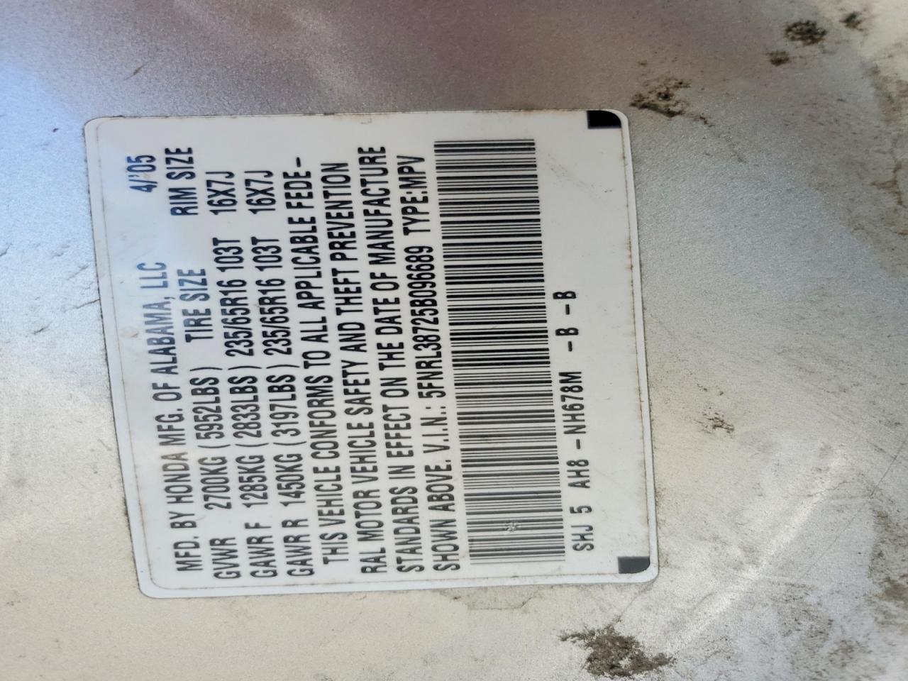 2005 Honda Odyssey Exl Silver vin: 5FNRL38725B096689
