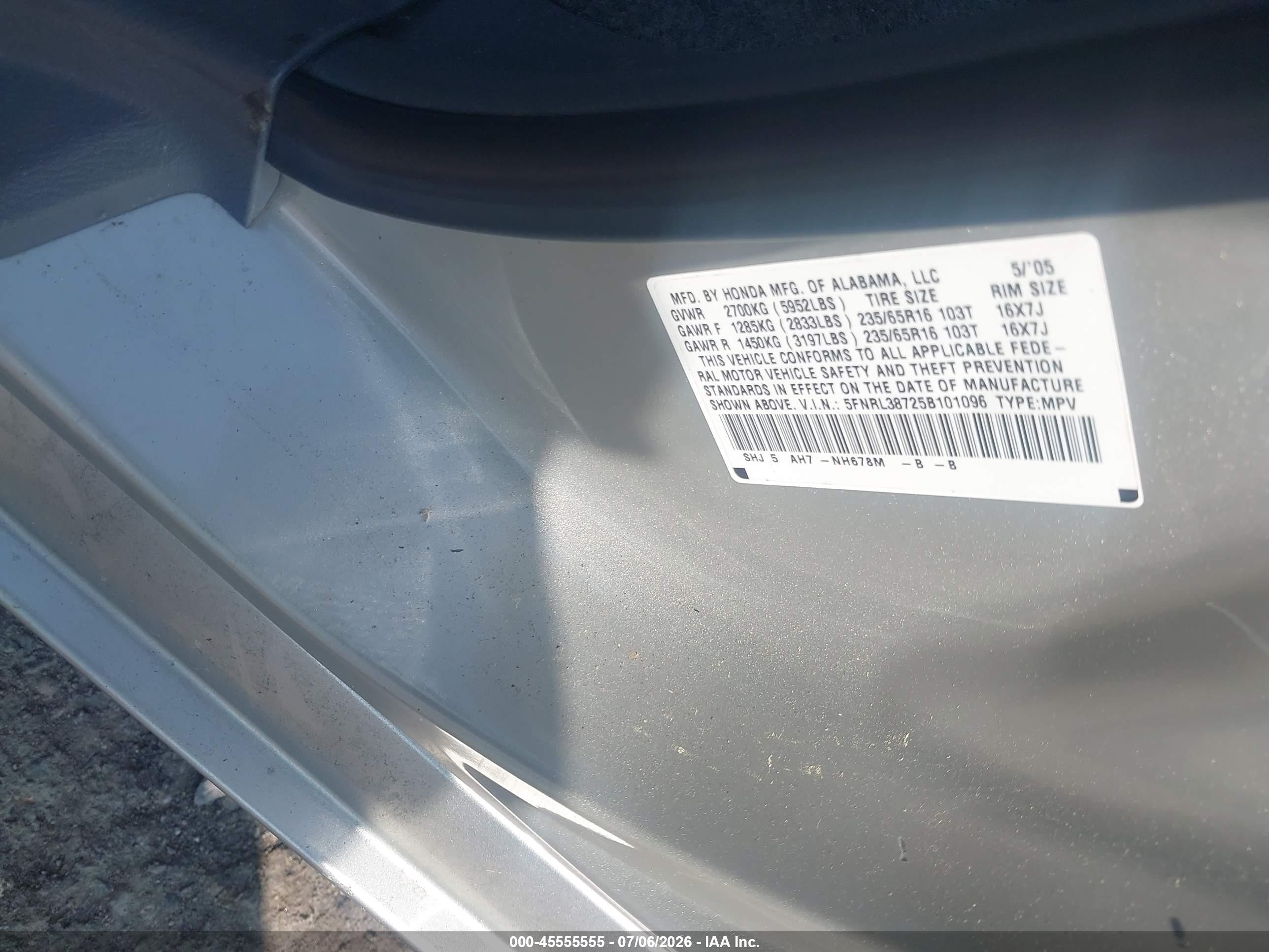 2005 Honda Odyssey Ex-l Silver vin: 5FNRL38725B101096