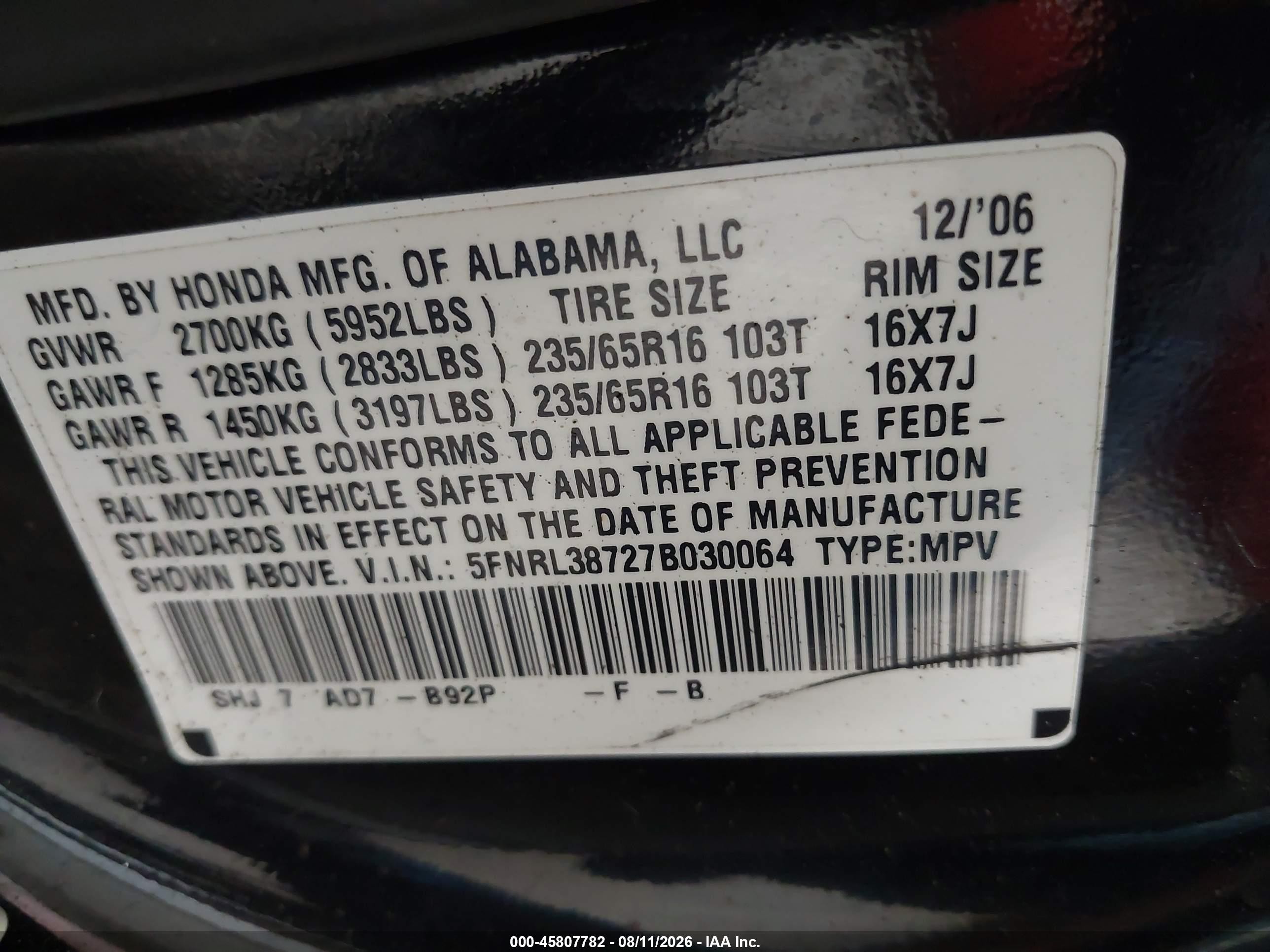 2007 Honda Odyssey Ex-l Black vin: 5FNRL38727B030064