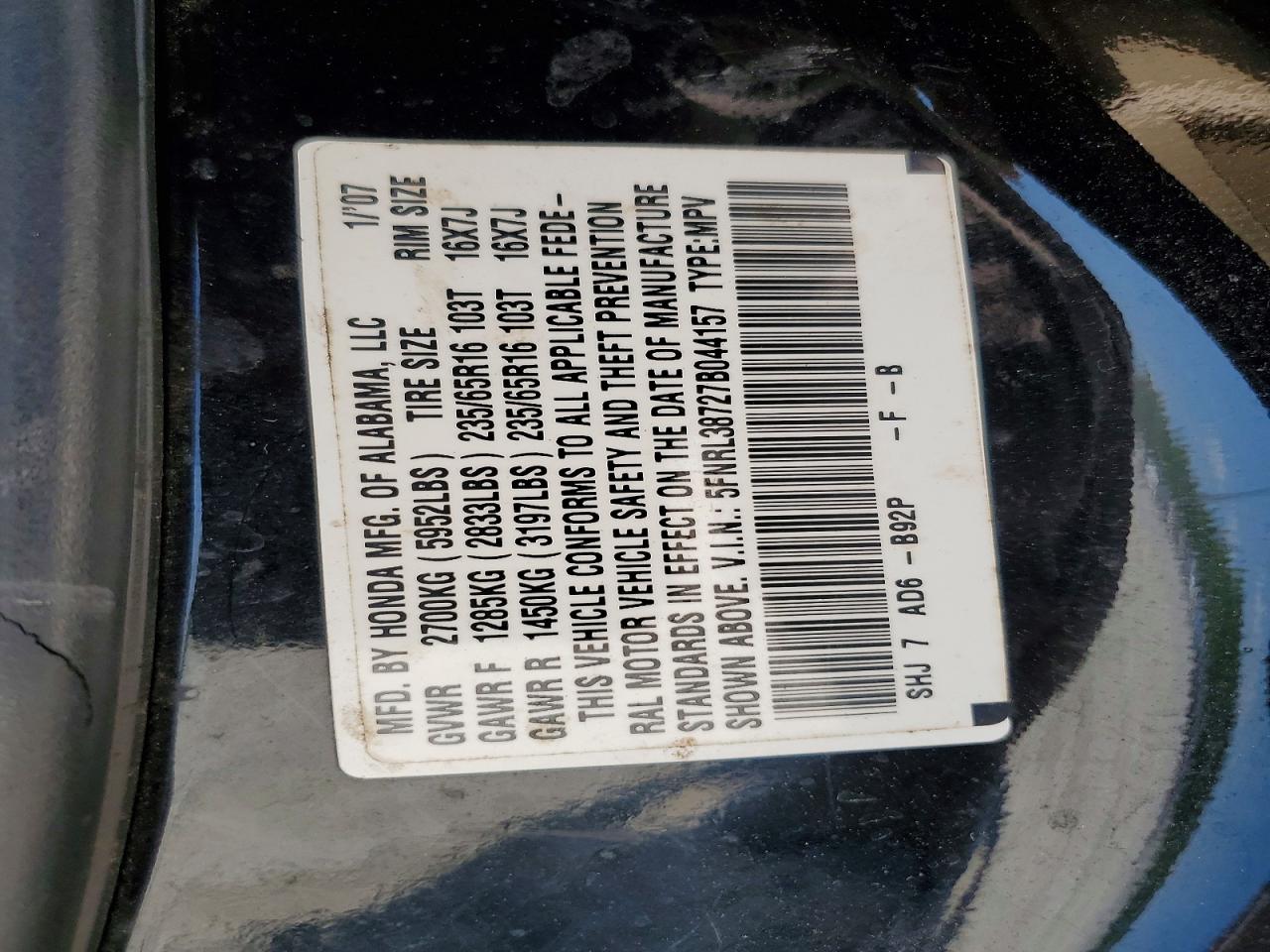 2007 Honda Odyssey Exl Black vin: 5FNRL38727B044157