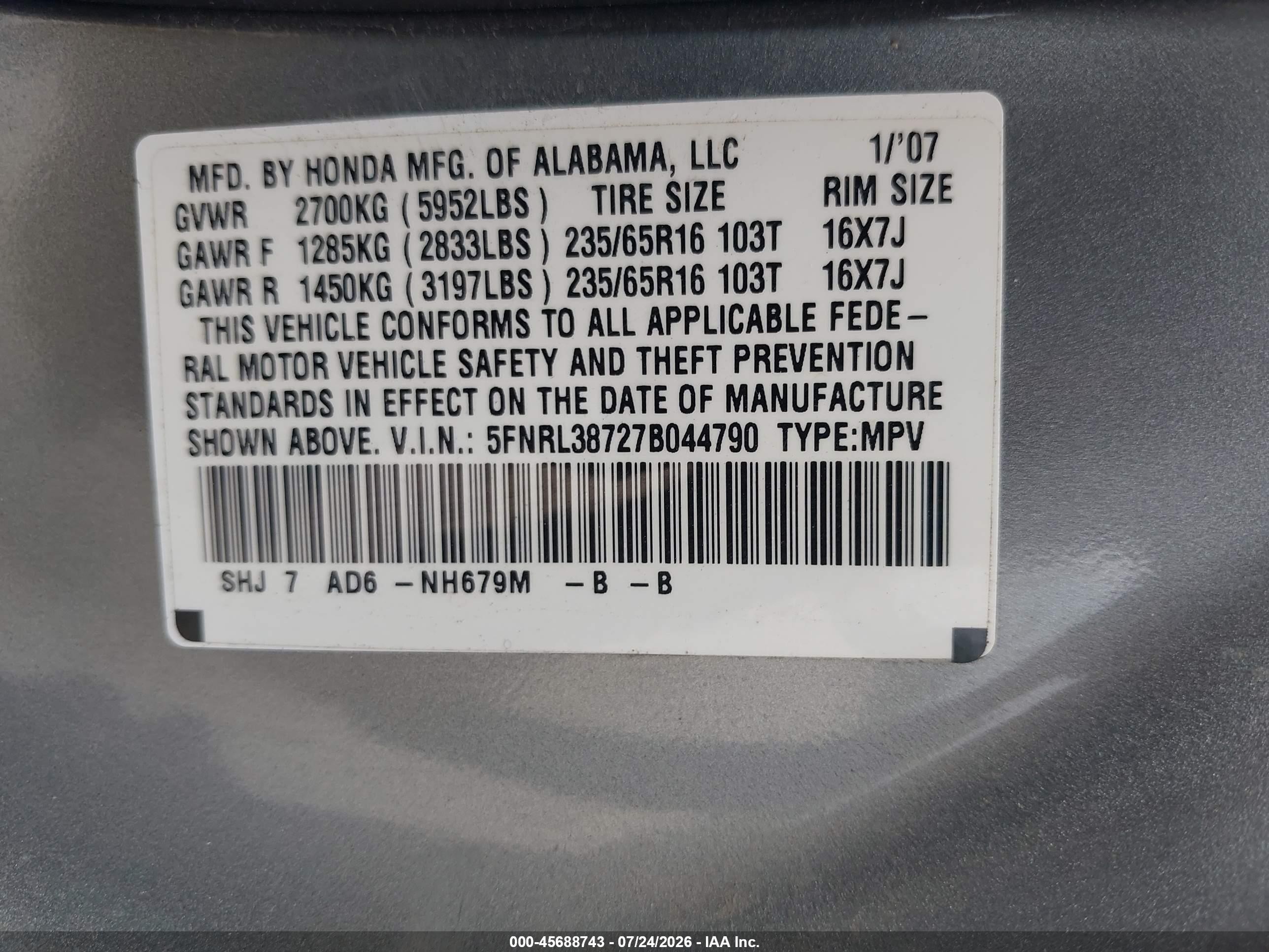 2007 Honda Odyssey Ex-l Light Blue vin: 5FNRL38727B044790
