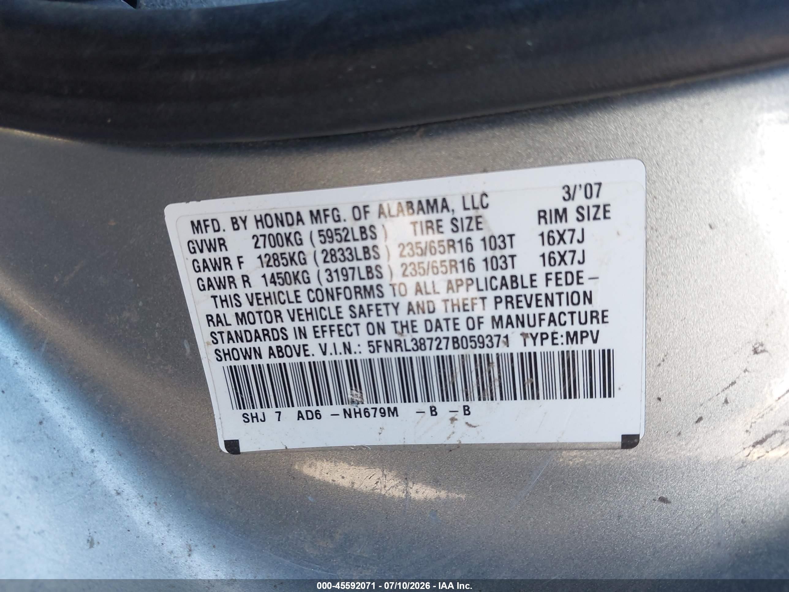 2007 Honda Odyssey Ex-l Pewter vin: 5FNRL38727B059371